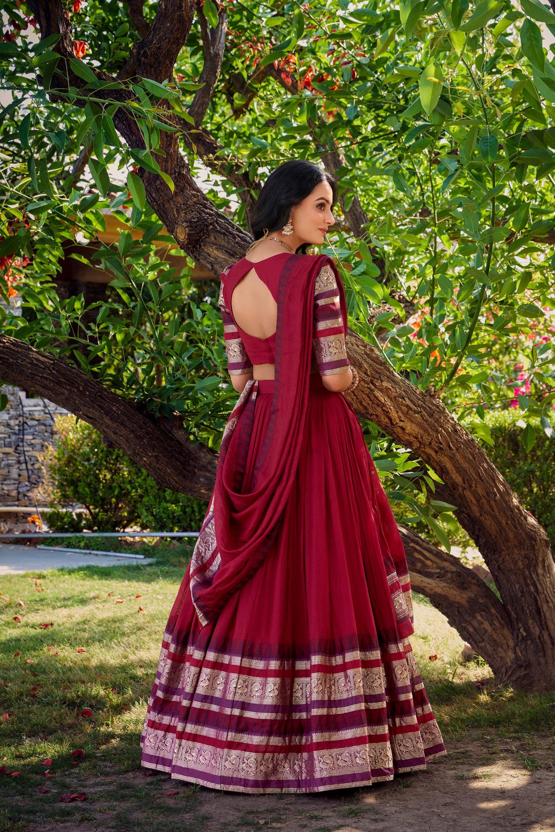 Lorenvalley Maroon Pure Chanderi Plain With Zari Weaving Work Border Lehenga Choli with Dupatta | Swadesiicart