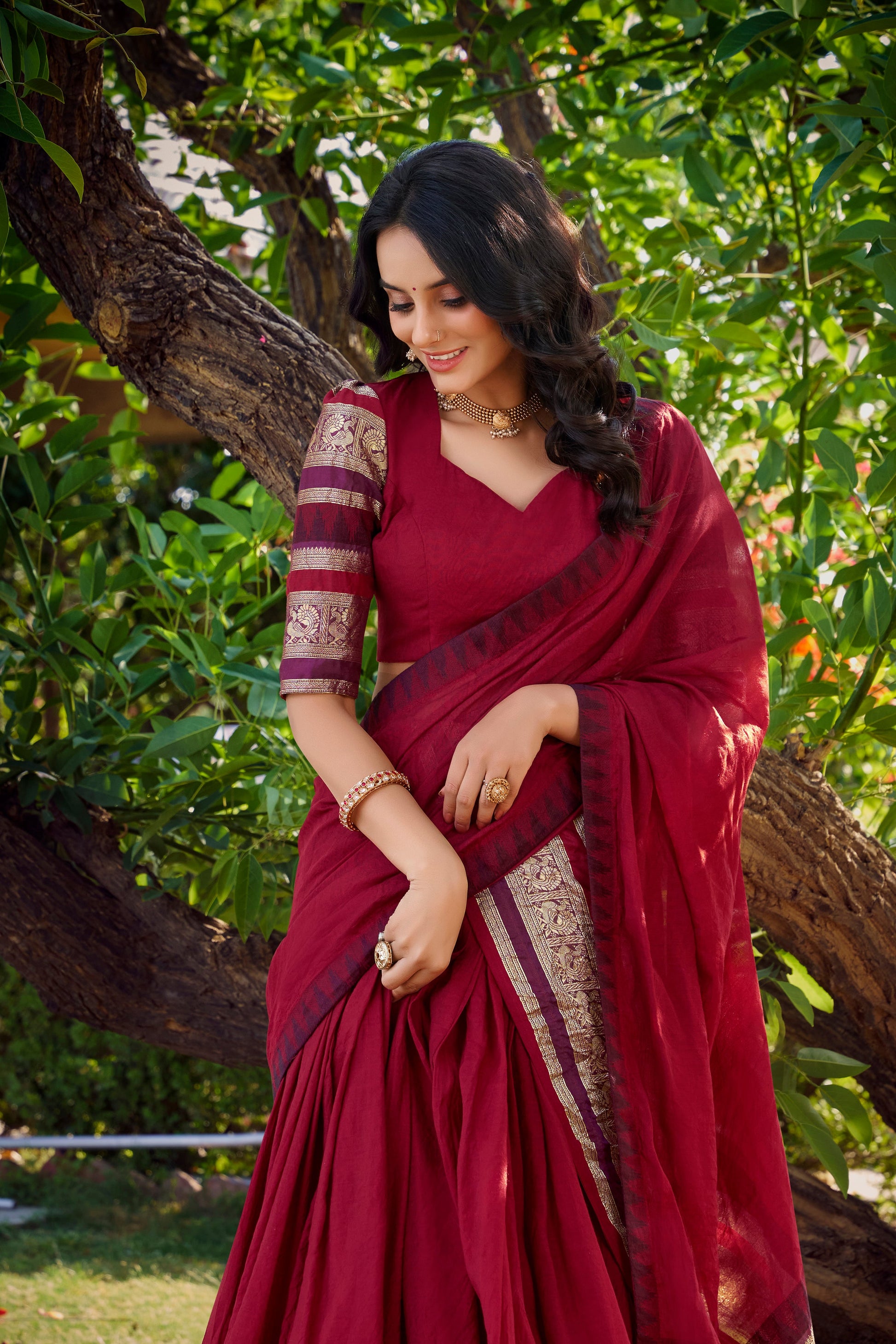 Lorenvalley Maroon Pure Chanderi Plain With Zari Weaving Work Border Lehenga Choli with Dupatta | Swadesiicart