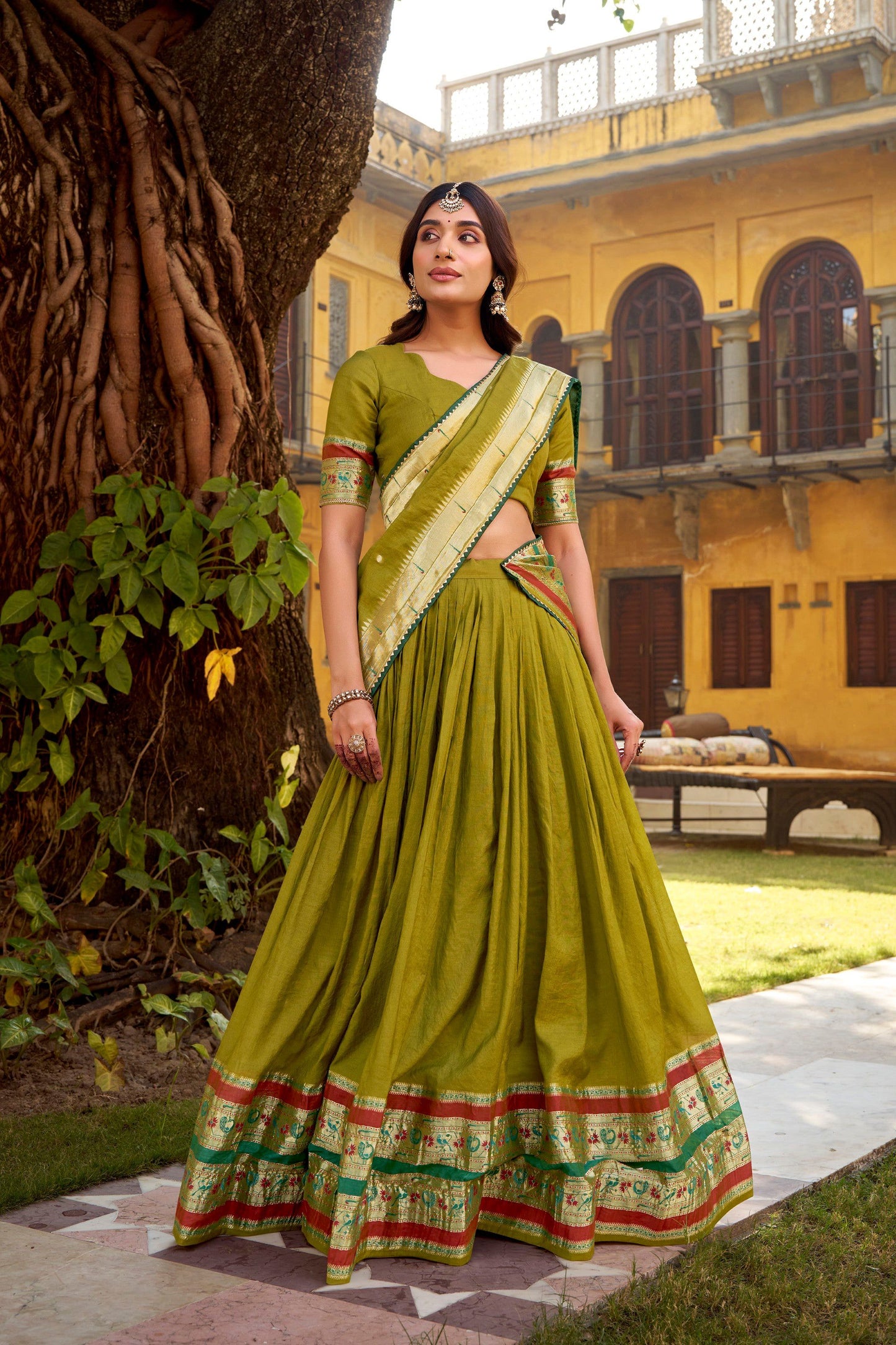 Lorenvalley Fashion Mehendi Pure Chanderi (Naylon) Zari Weaving Work Lehenga Choli with Dupatta - Swadesiicart