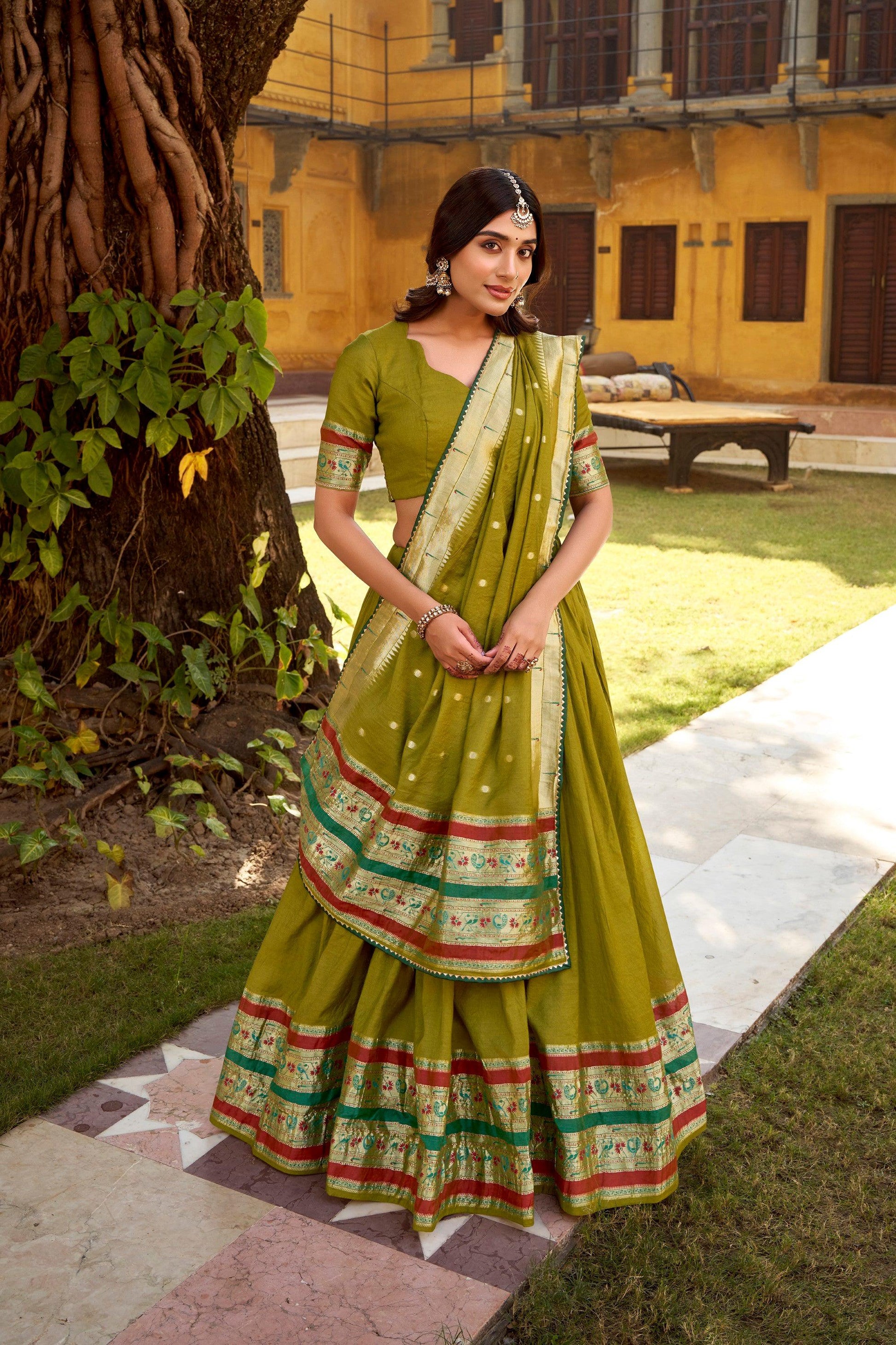 Lorenvalley Fashion Mehendi Pure Chanderi (Naylon) Zari Weaving Work Lehenga Choli with Dupatta - Swadesiicart