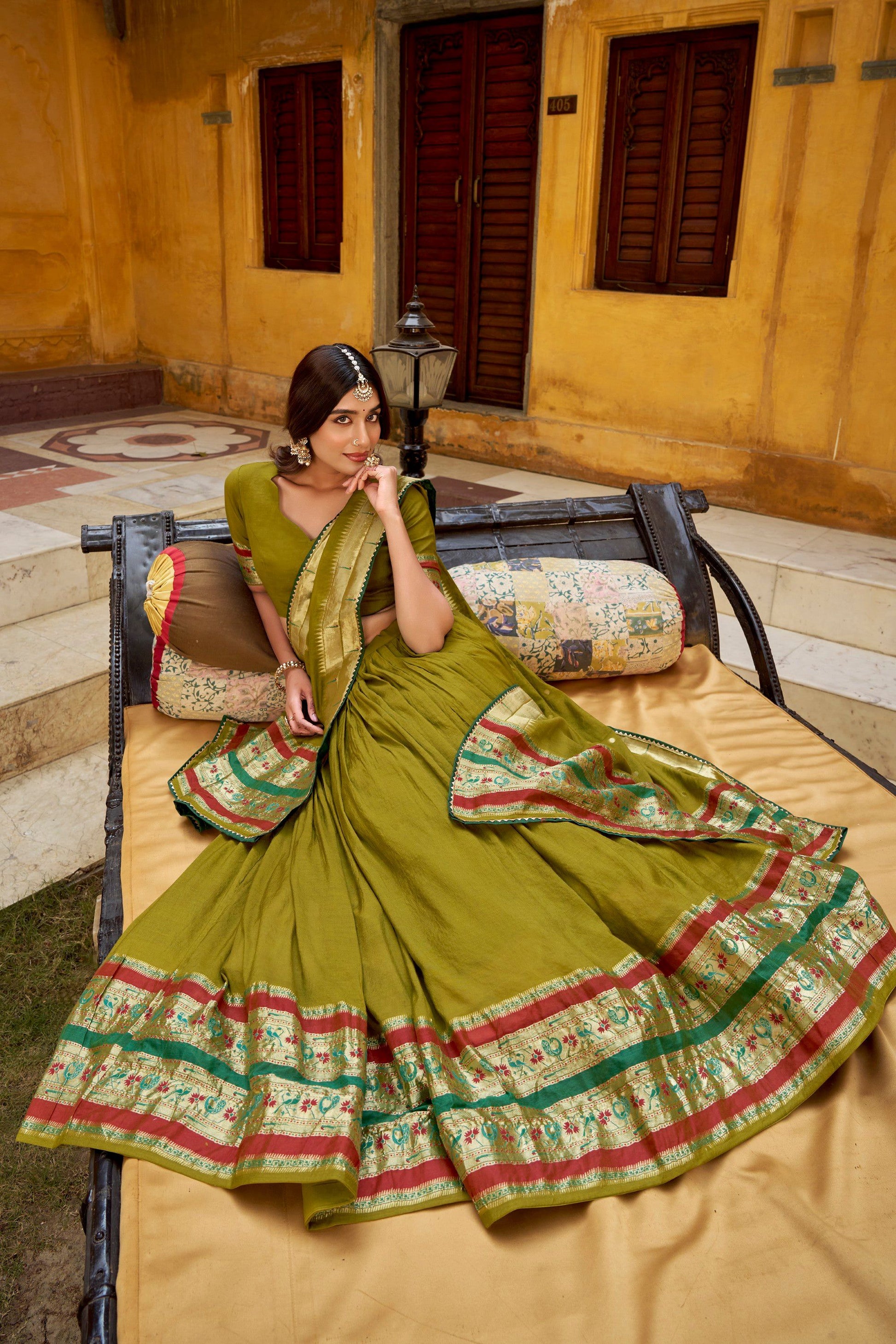 Lorenvalley Fashion Mehendi Pure Chanderi (Naylon) Zari Weaving Work Lehenga Choli with Dupatta - Swadesiicart