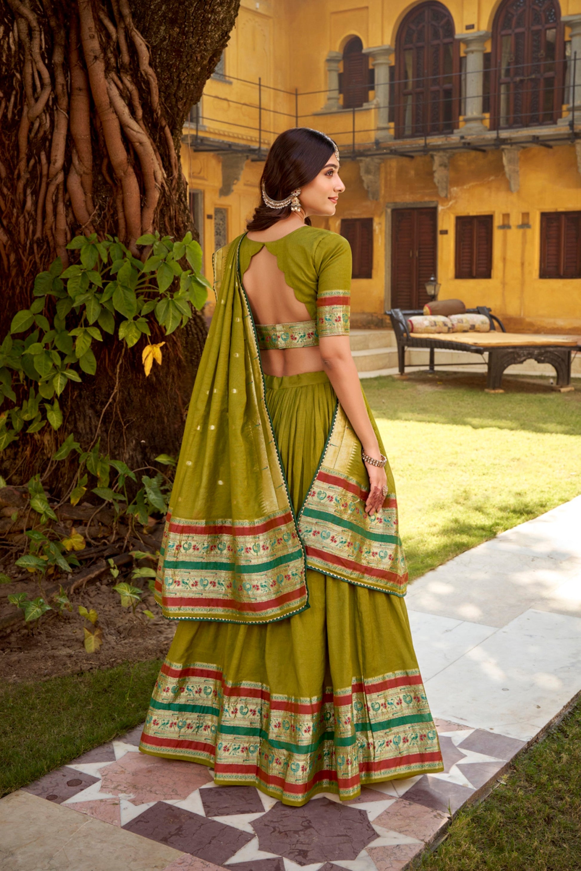 Lorenvalley Fashion Mehendi Pure Chanderi (Naylon) Zari Weaving Work Lehenga Choli with Dupatta - Swadesiicart