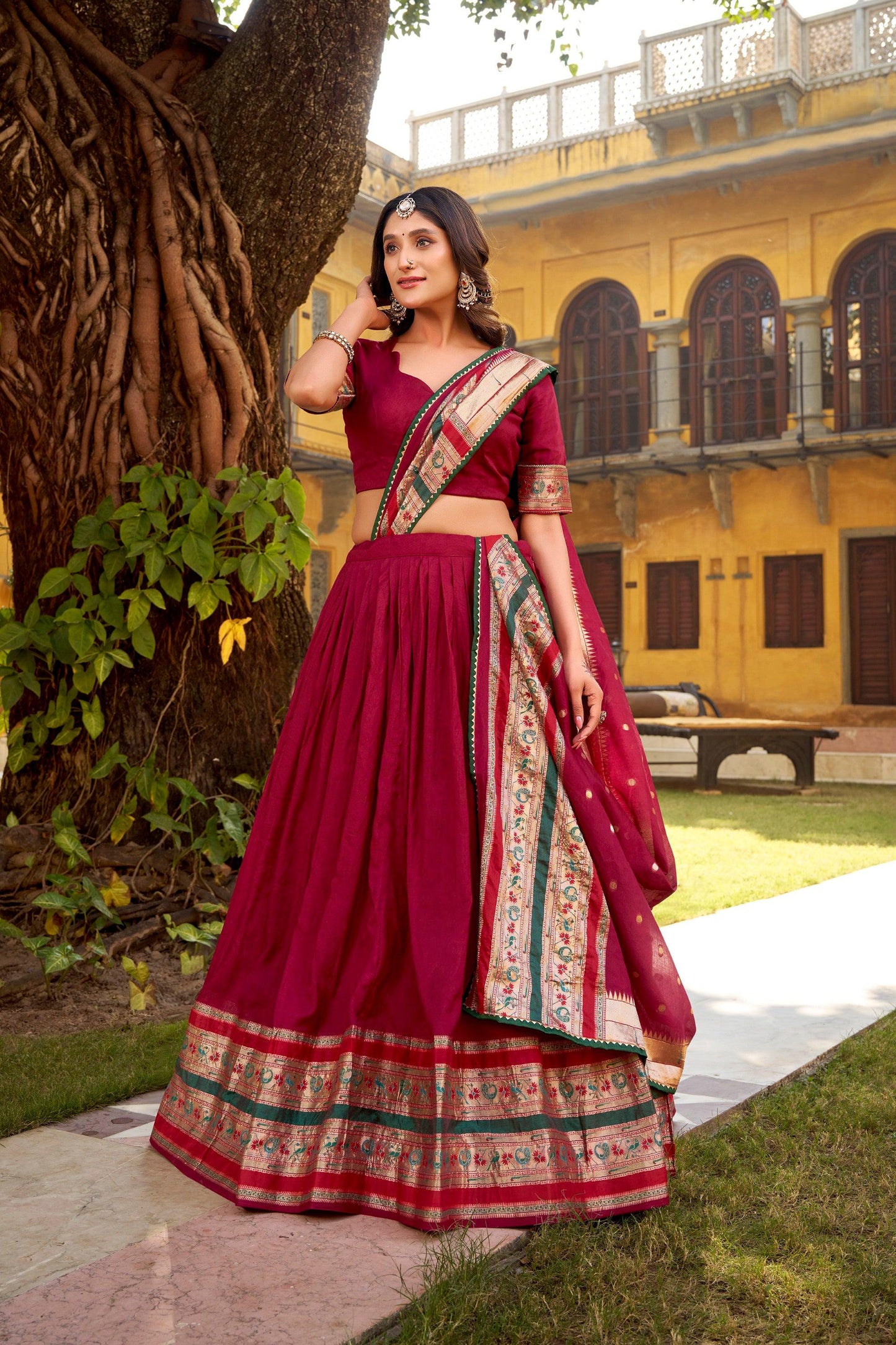 Lorenvalley Fashion Maroon Pure Chanderi (Naylon) Zari Weaving Work Lehenga Choli with Dupatta - Swadesiicart