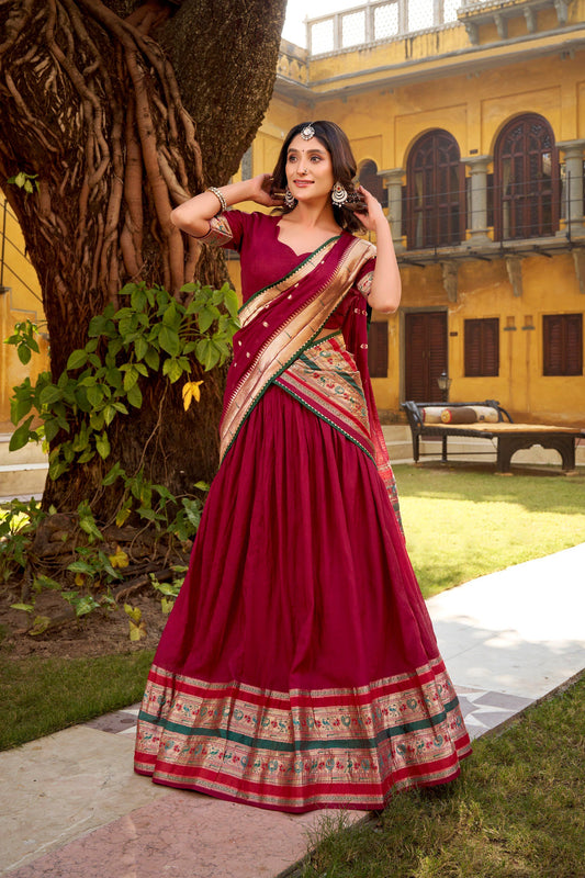 Lorenvalley Fashion Maroon Pure Chanderi (Naylon) Zari Weaving Work Lehenga Choli with Dupatta - Swadesiicart