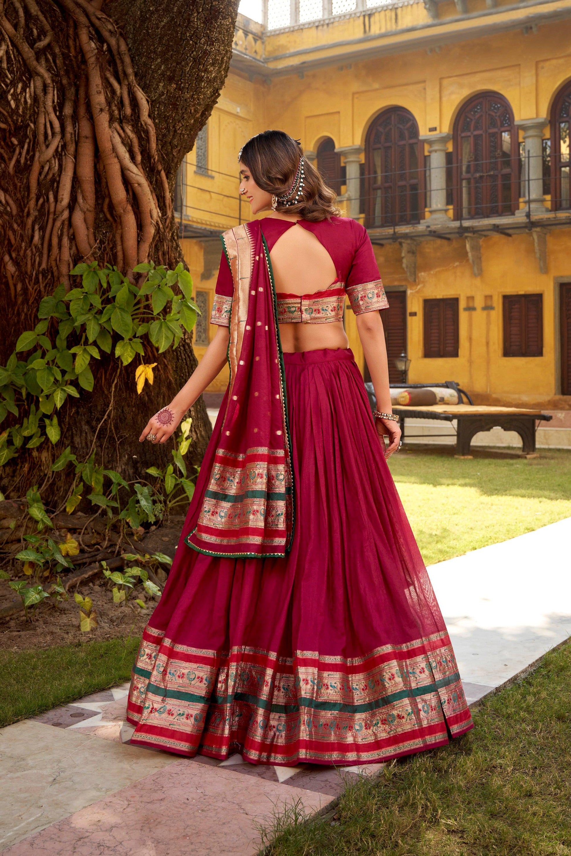 Lorenvalley Fashion Maroon Pure Chanderi (Naylon) Zari Weaving Work Lehenga Choli with Dupatta - Swadesiicart
