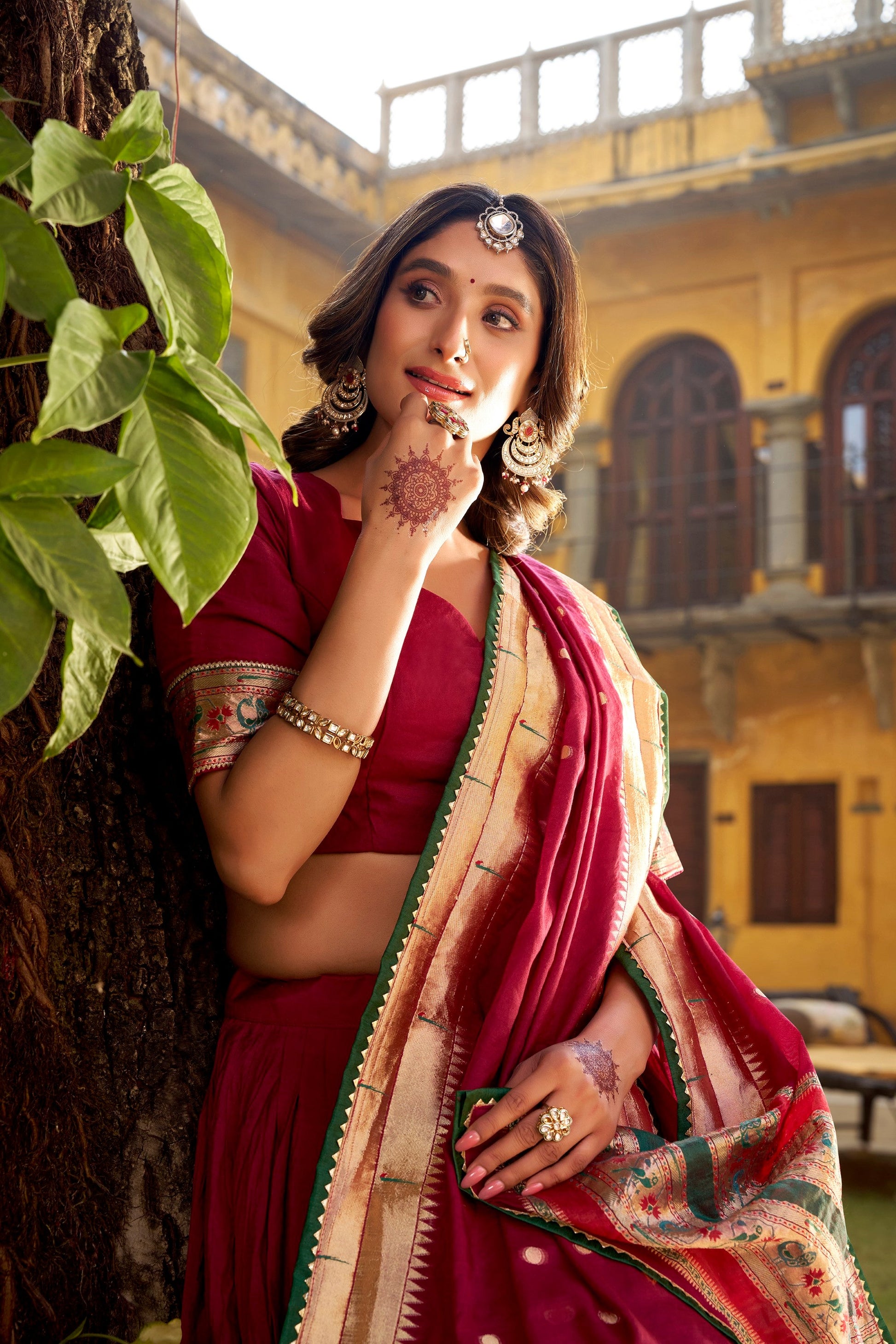 Lorenvalley Fashion Maroon Pure Chanderi (Naylon) Zari Weaving Work Lehenga Choli with Dupatta - Swadesiicart