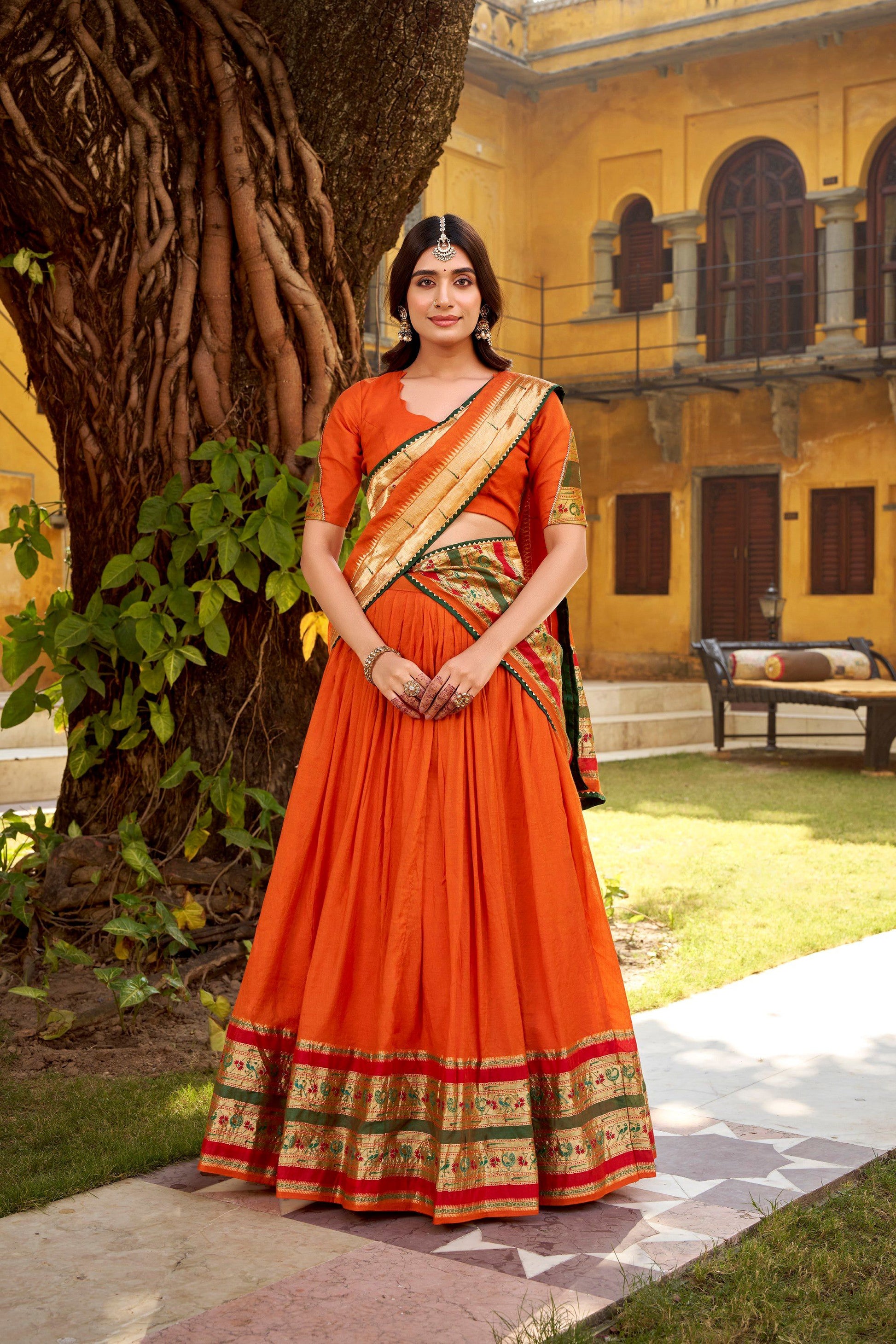 Lorenvalley Fashion Orange Pure Chanderi (Naylon) Zari Weaving Work Lehenga Choli with Dupatta - Swadesiicart