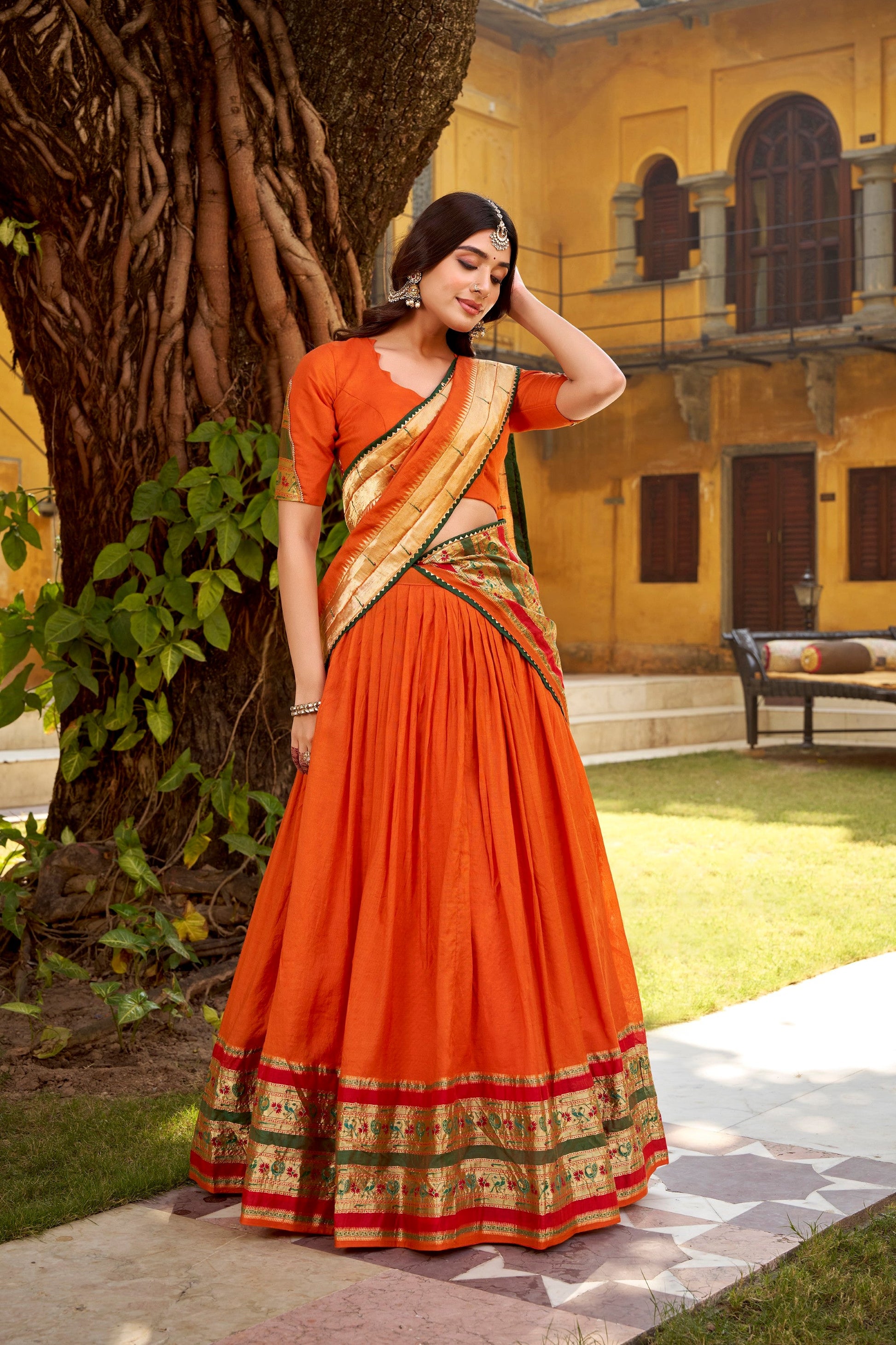 Lorenvalley Fashion Orange Pure Chanderi (Naylon) Zari Weaving Work Lehenga Choli with Dupatta - Swadesiicart