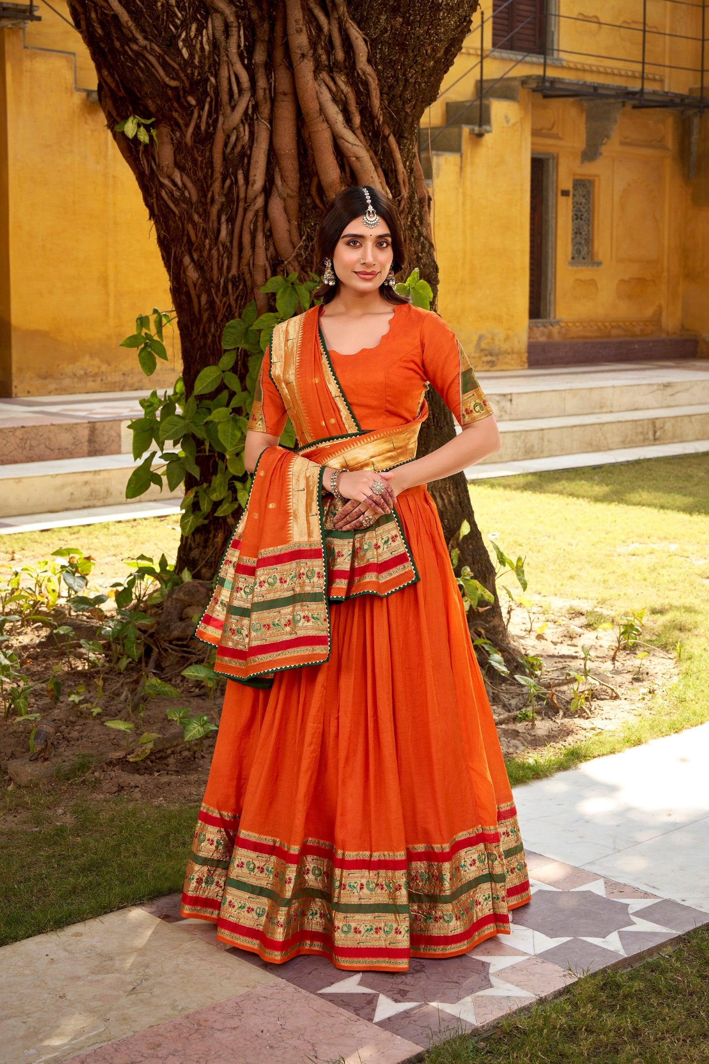 Lorenvalley Fashion Orange Pure Chanderi (Naylon) Zari Weaving Work Lehenga Choli with Dupatta - Swadesiicart