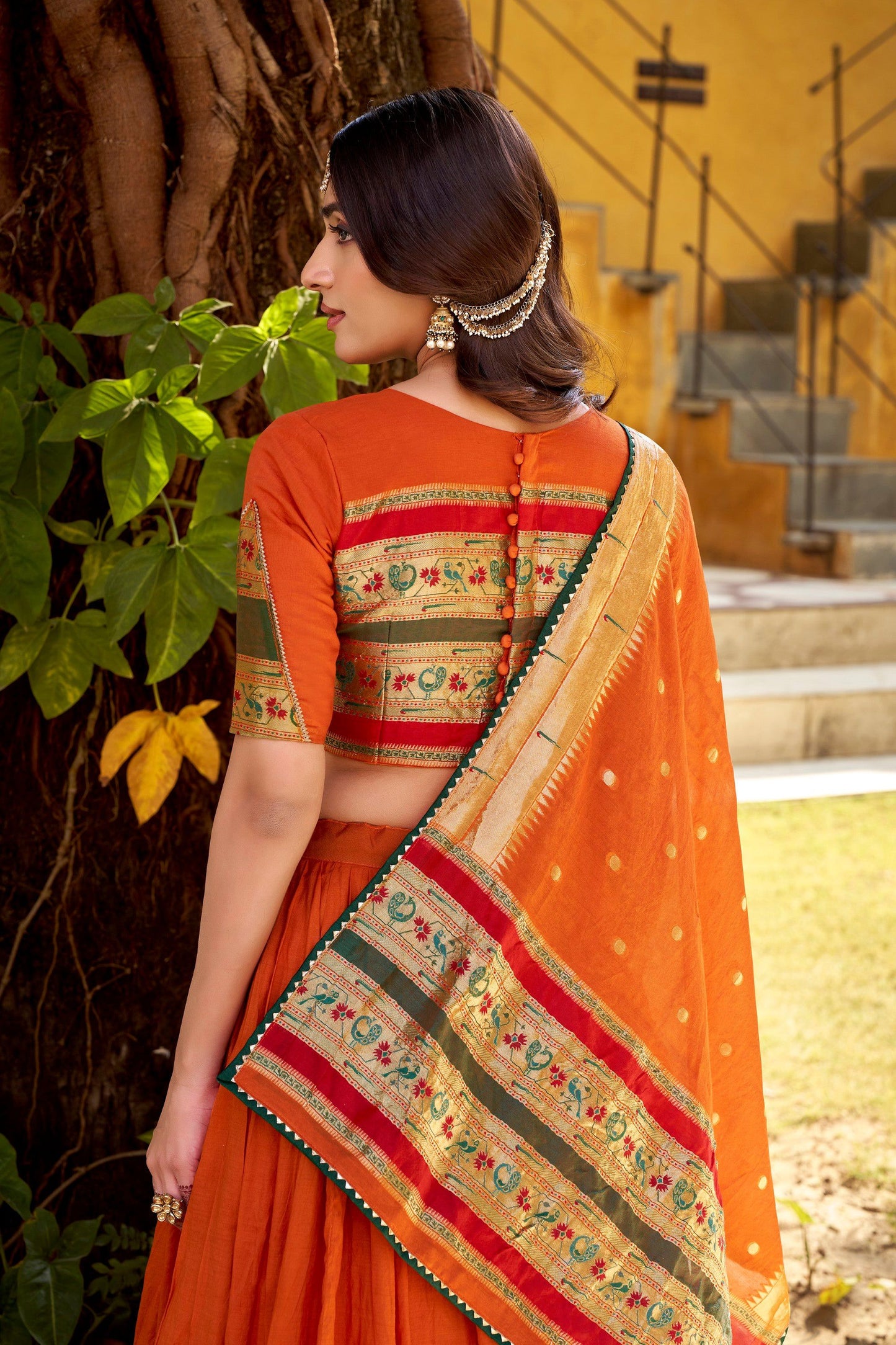 Lorenvalley Fashion Orange Pure Chanderi (Naylon) Zari Weaving Work Lehenga Choli with Dupatta - Swadesiicart