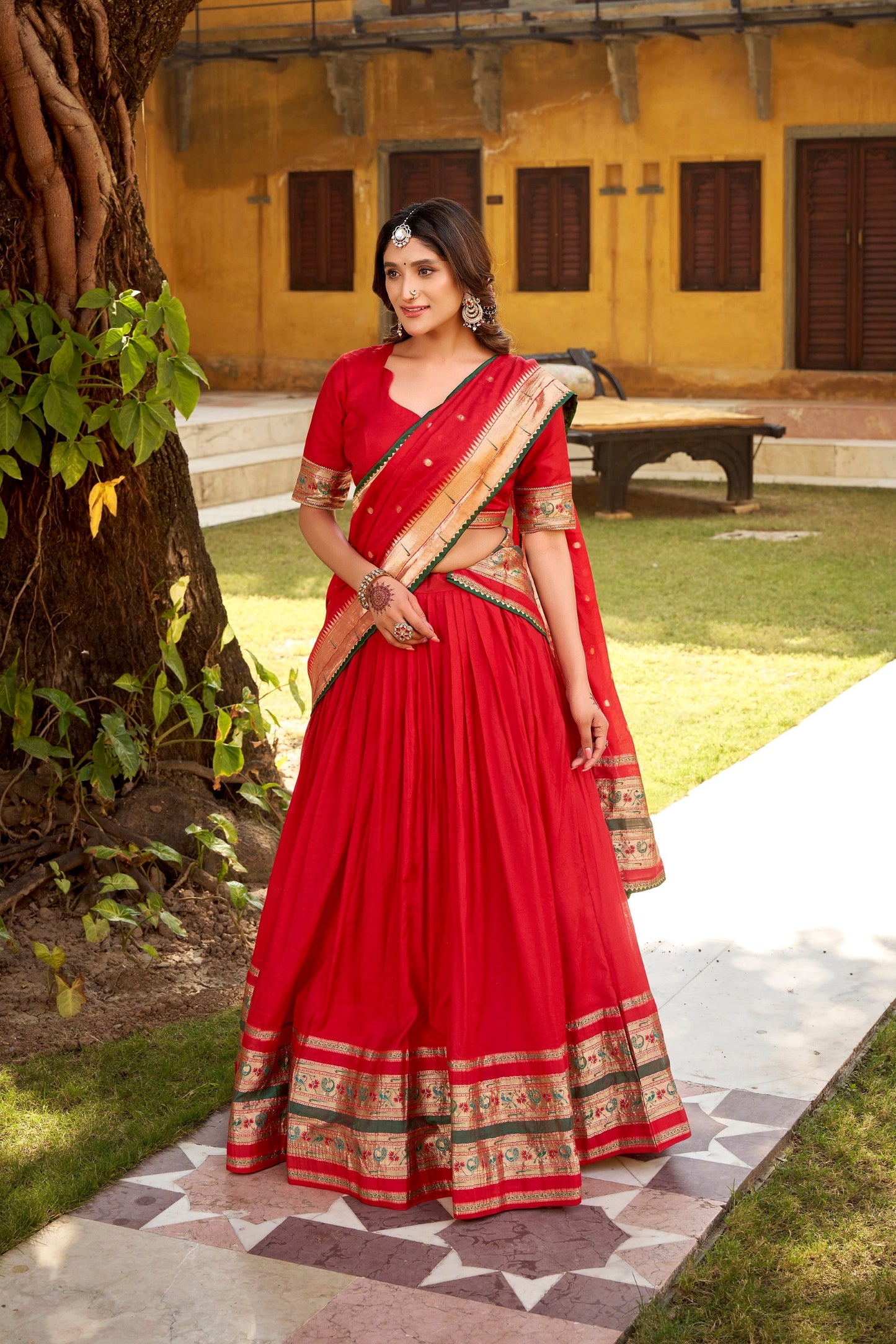 Lorenvalley Fashion Red Pure Chanderi (Naylon) Zari Weaving Work Lehenga Choli with Dupatta - Swadesiicart