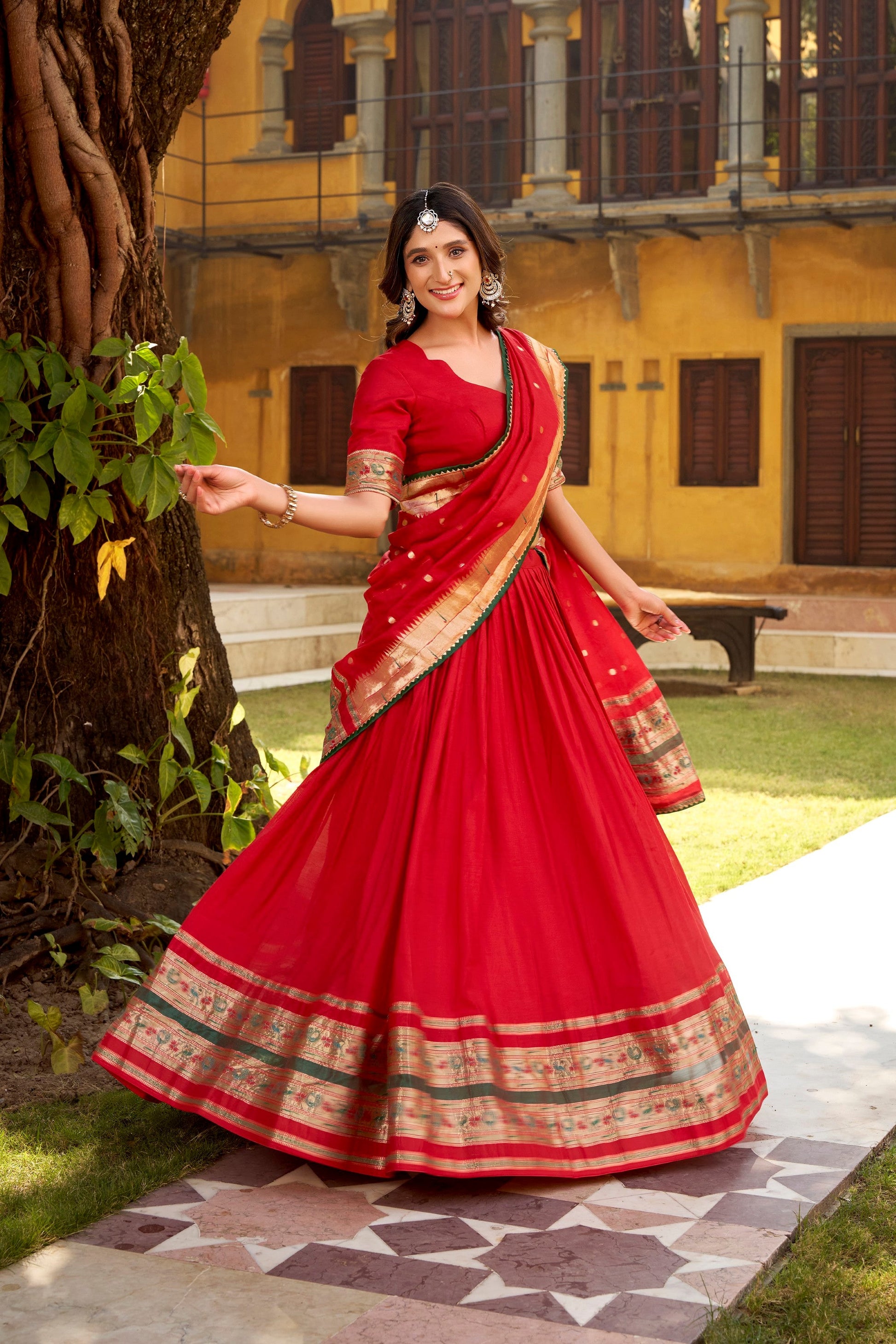 Lorenvalley Fashion Red Pure Chanderi (Naylon) Zari Weaving Work Lehenga Choli with Dupatta - Swadesiicart