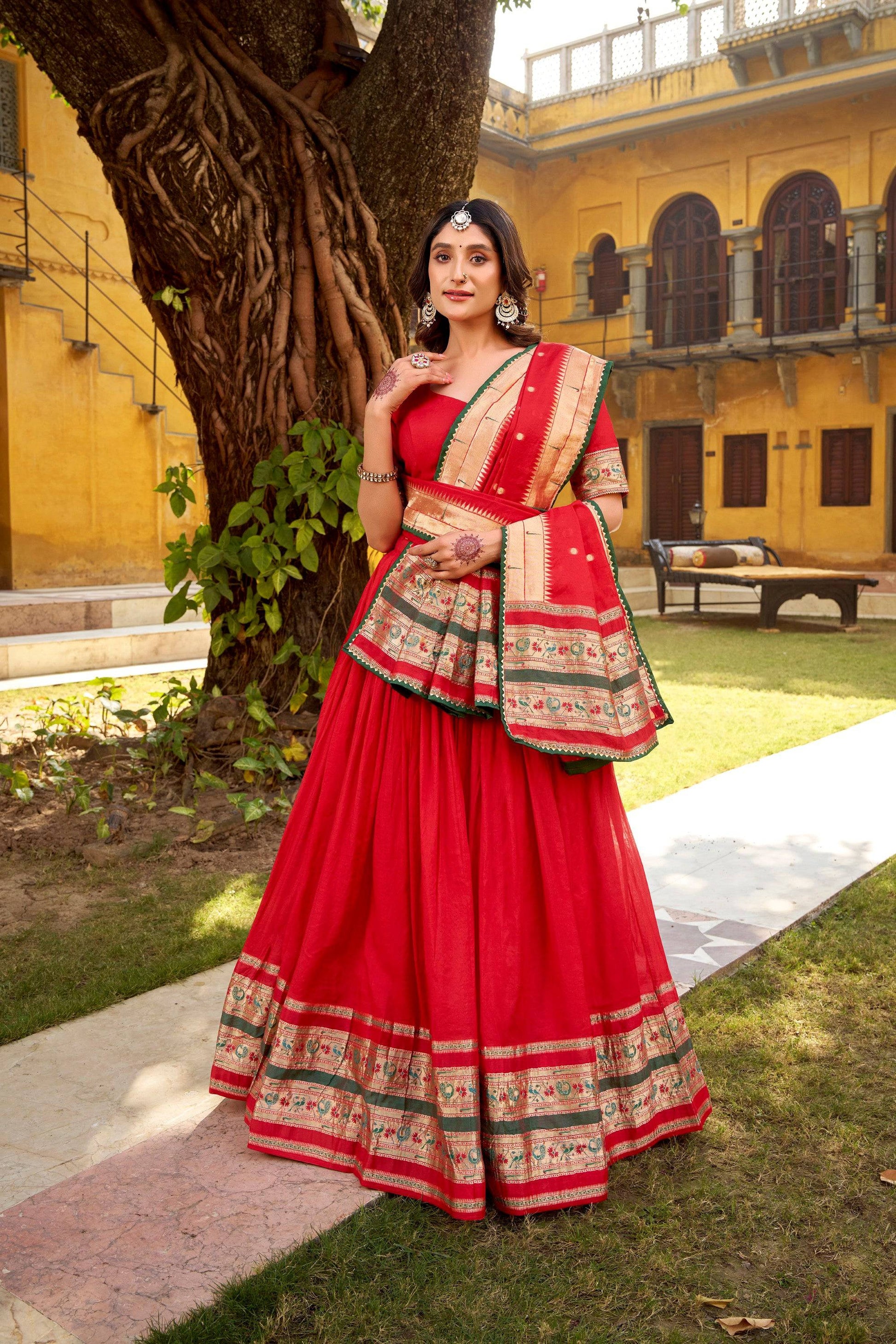 Lorenvalley Fashion Red Pure Chanderi (Naylon) Zari Weaving Work Lehenga Choli with Dupatta - Swadesiicart