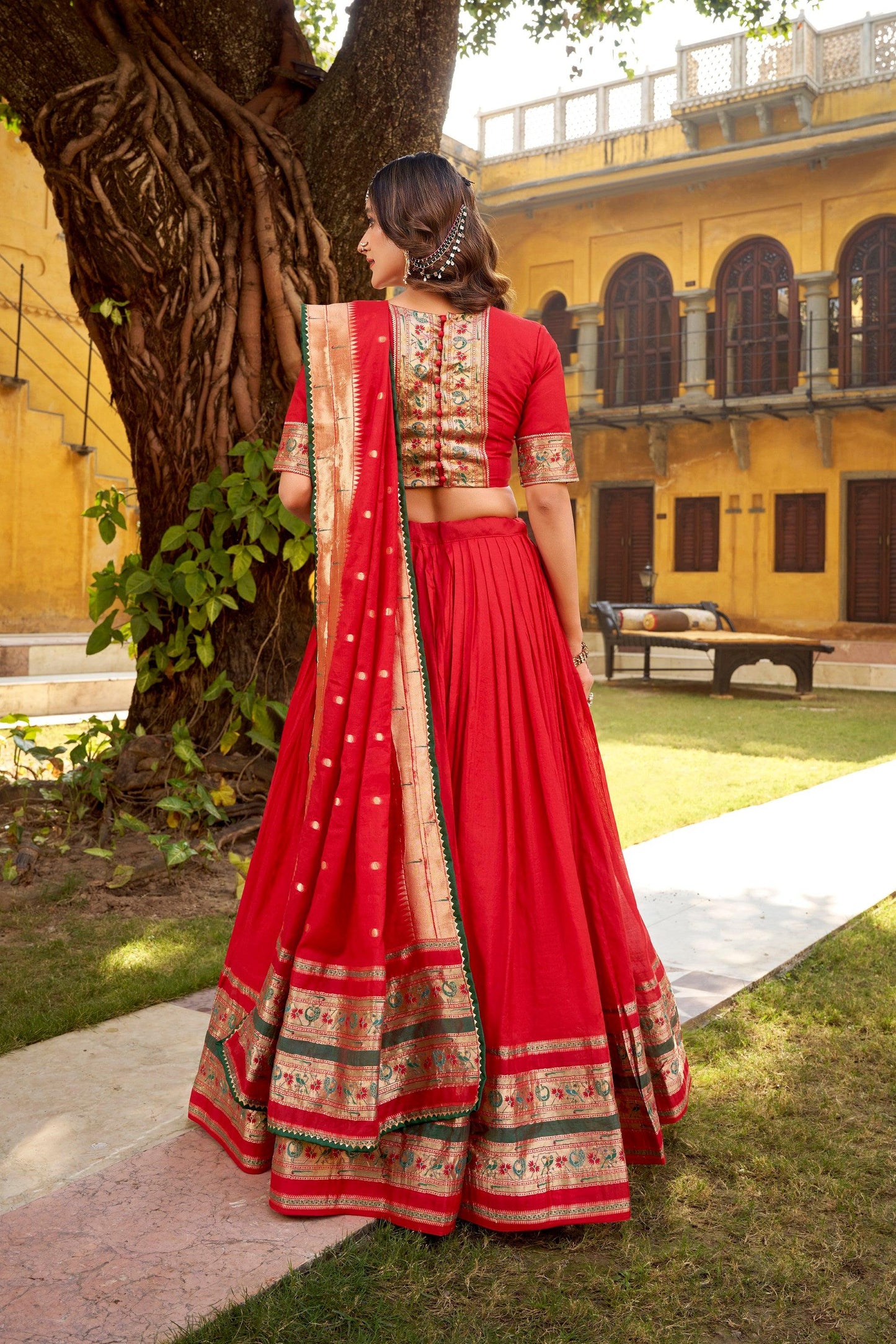 Lorenvalley Fashion Red Pure Chanderi (Naylon) Zari Weaving Work Lehenga Choli with Dupatta - Swadesiicart