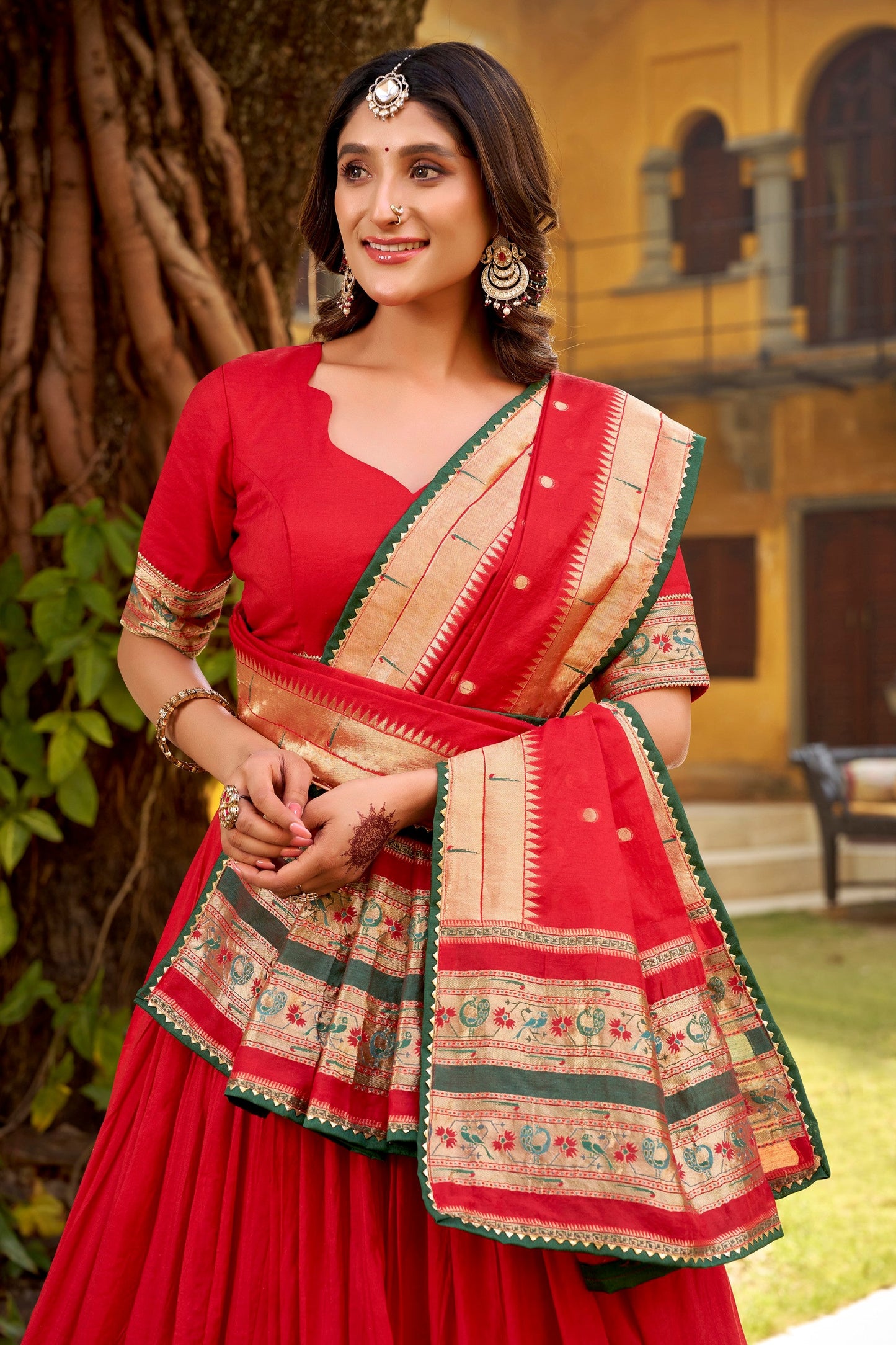 Lorenvalley Fashion Red Pure Chanderi (Naylon) Zari Weaving Work Lehenga Choli with Dupatta - Swadesiicart