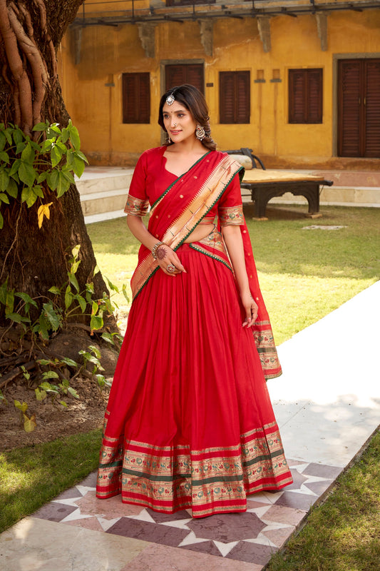 Lorenvalley Fashion Red Pure Chanderi (Naylon) Zari Weaving Work Lehenga Choli with Dupatta - Swadesiicart