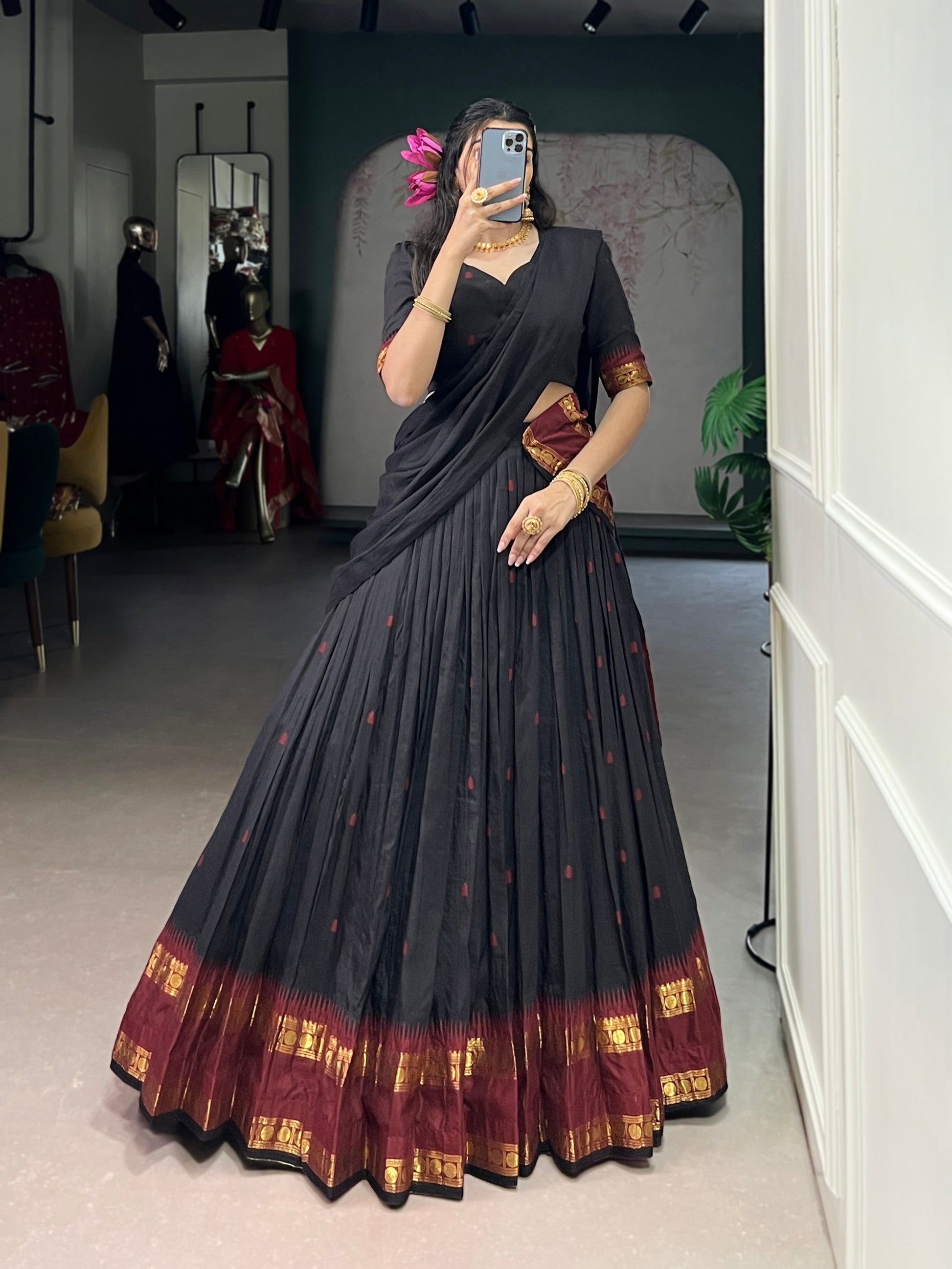 Lorenvalley Fashion Black Pure Chanderi Zari Weaving Work Lehenga Choli with Dupatta - Swadesiicart
