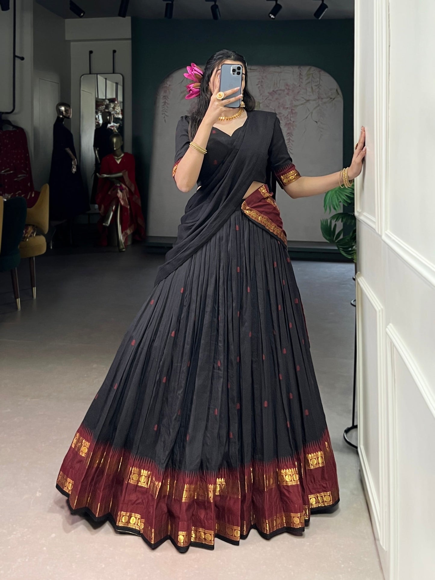 Lorenvalley Fashion Black Pure Chanderi Zari Weaving Work Lehenga Choli with Dupatta - Swadesiicart