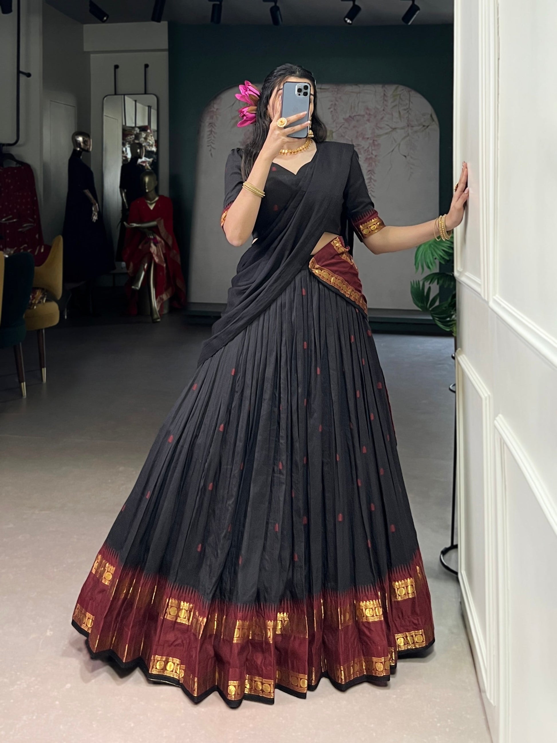 Lorenvalley Fashion Black Pure Chanderi Zari Weaving Work Lehenga Choli with Dupatta - Swadesiicart