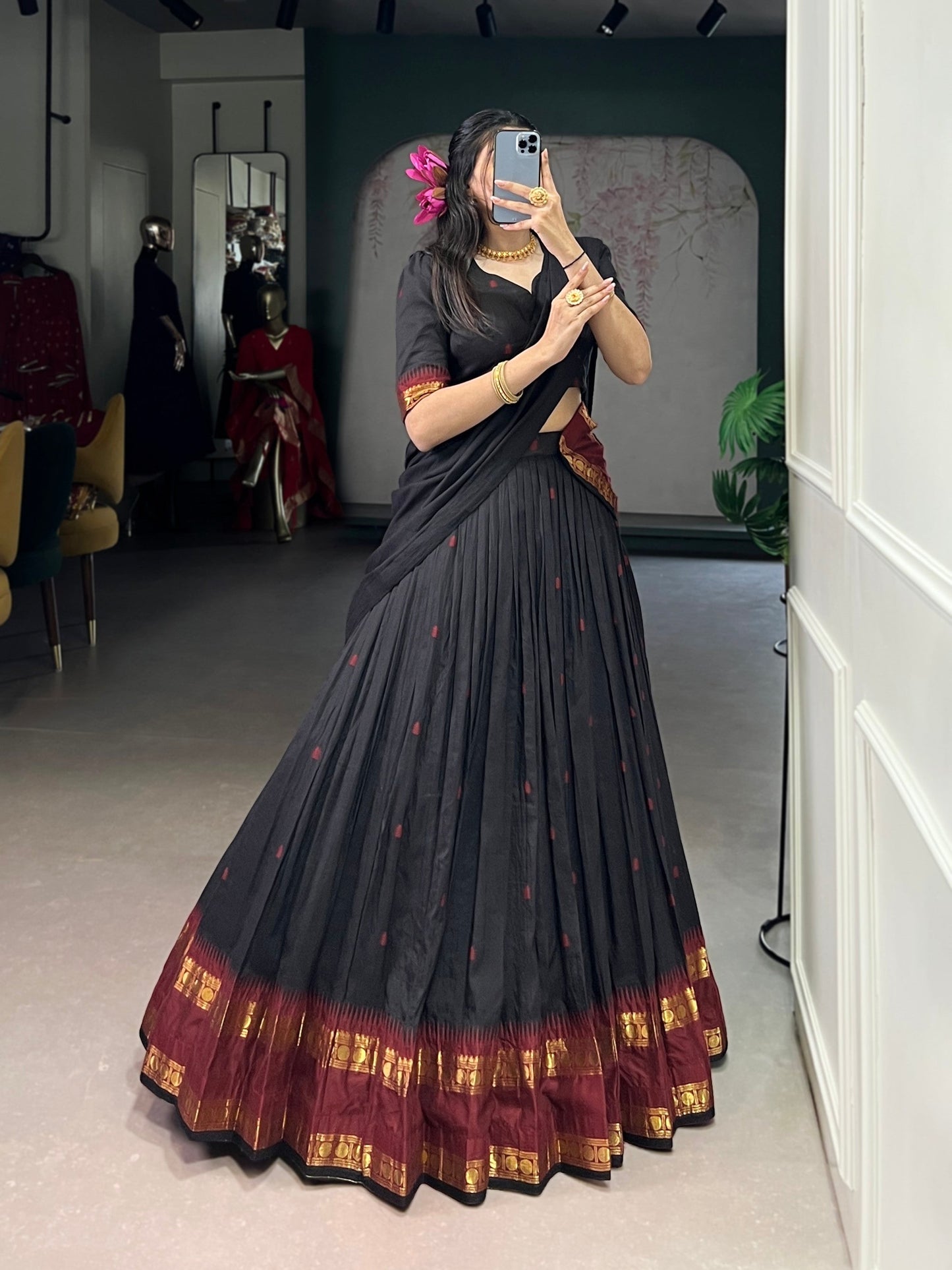 Lorenvalley Fashion Black Pure Chanderi Zari Weaving Work Lehenga Choli with Dupatta - Swadesiicart