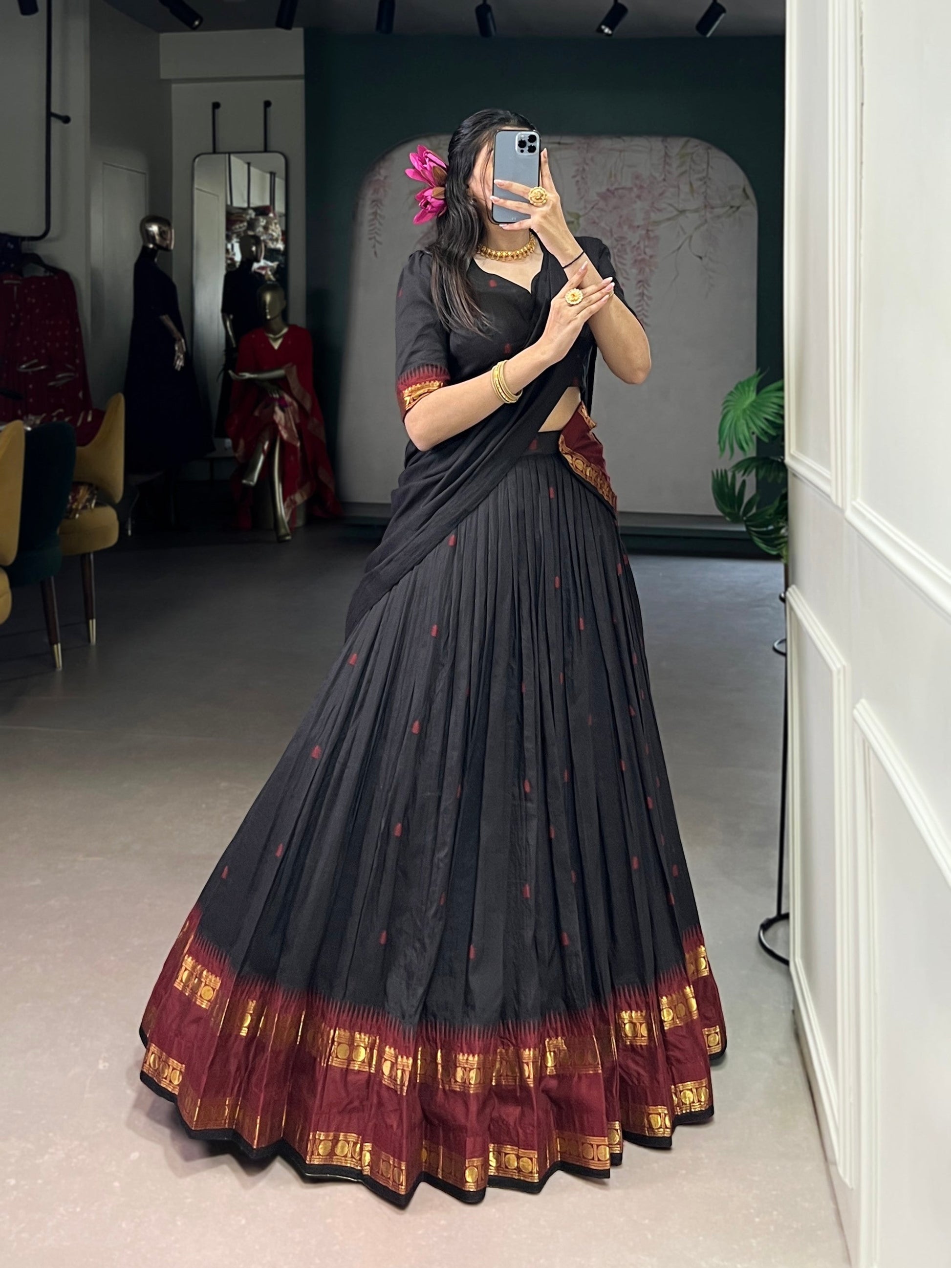 Lorenvalley Fashion Black Pure Chanderi Zari Weaving Work Lehenga Choli with Dupatta - Swadesiicart