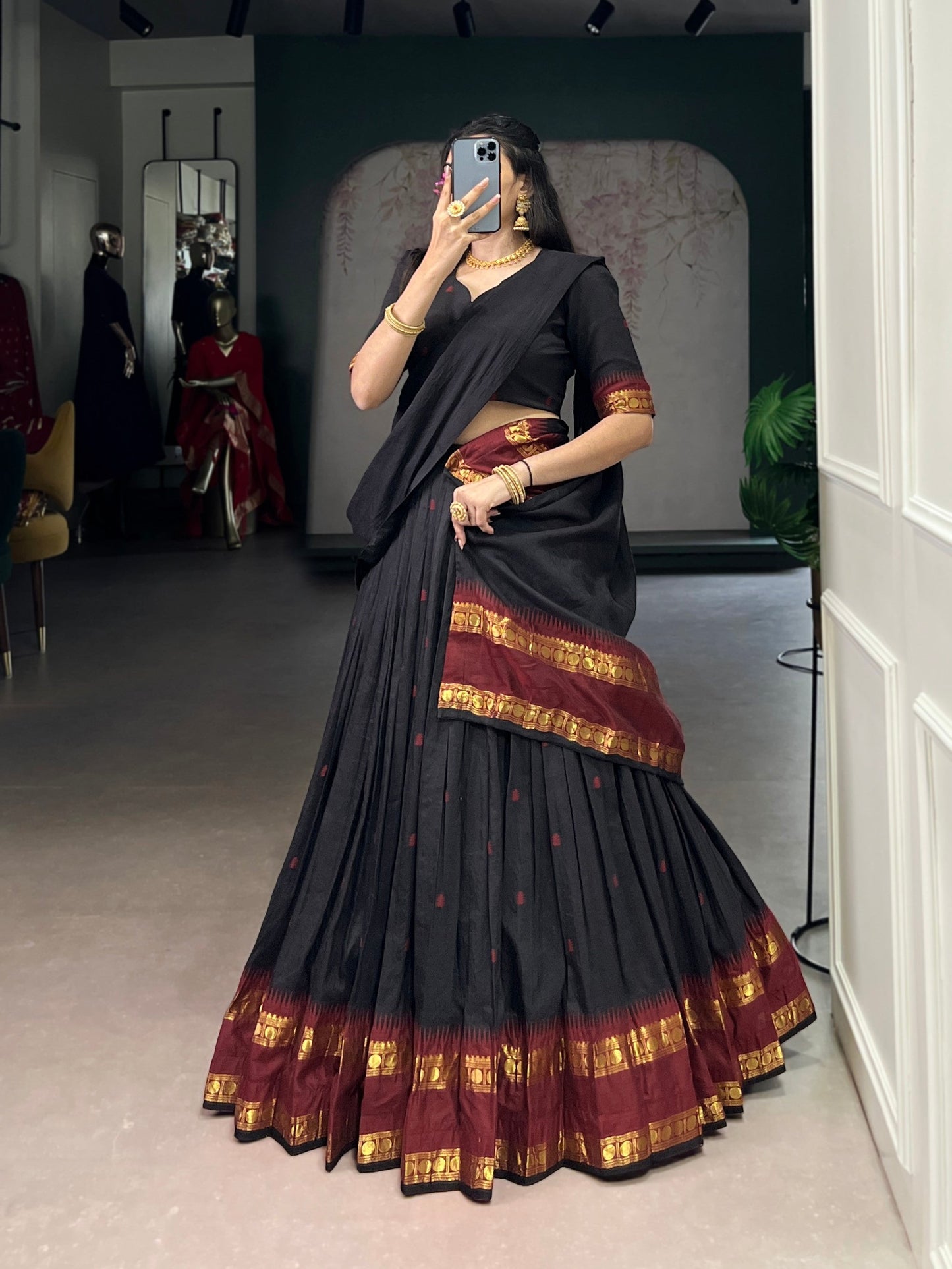 Lorenvalley Fashion Black Pure Chanderi Zari Weaving Work Lehenga Choli with Dupatta - Swadesiicart