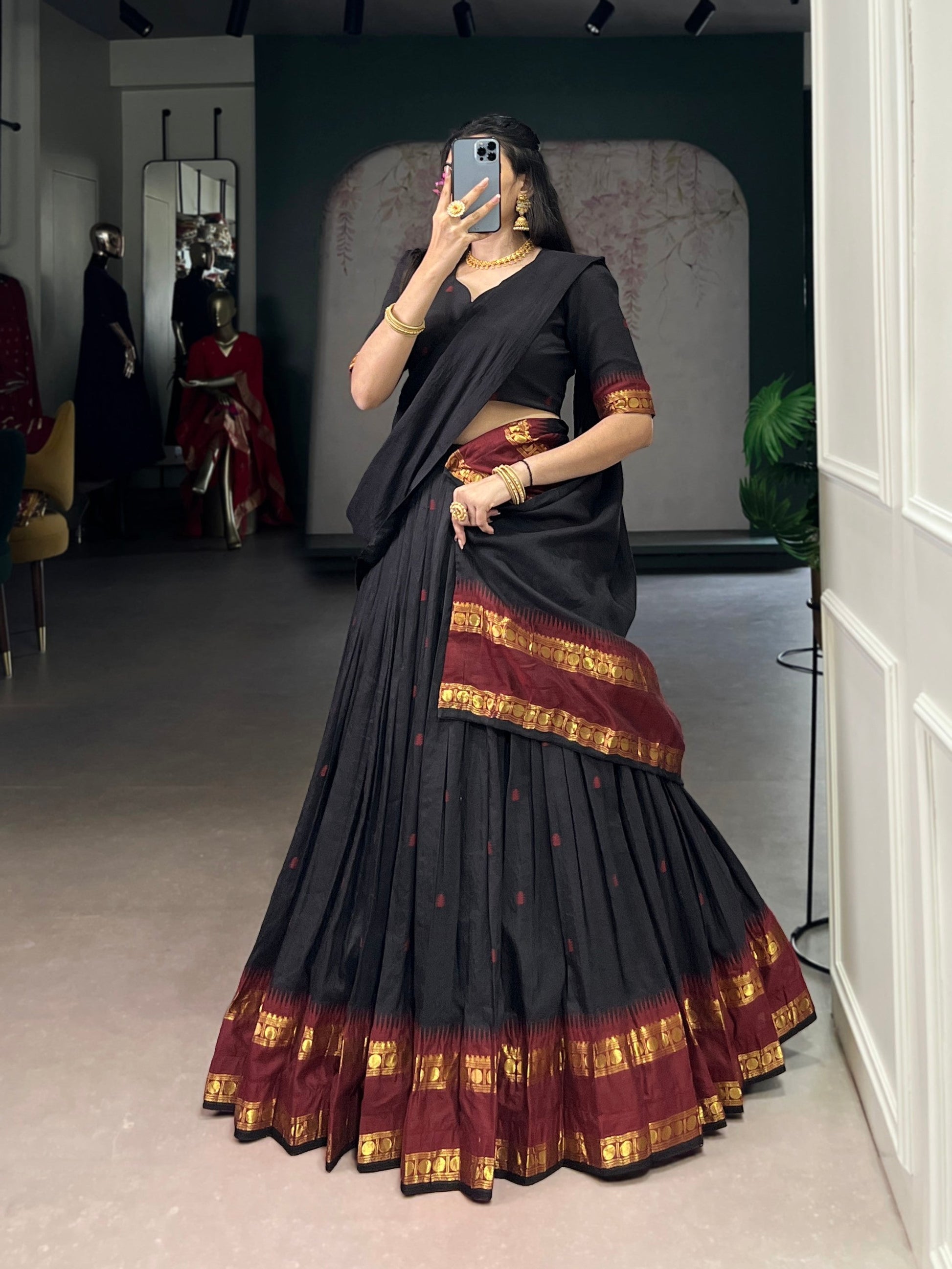 Lorenvalley Fashion Black Pure Chanderi Zari Weaving Work Lehenga Choli with Dupatta - Swadesiicart