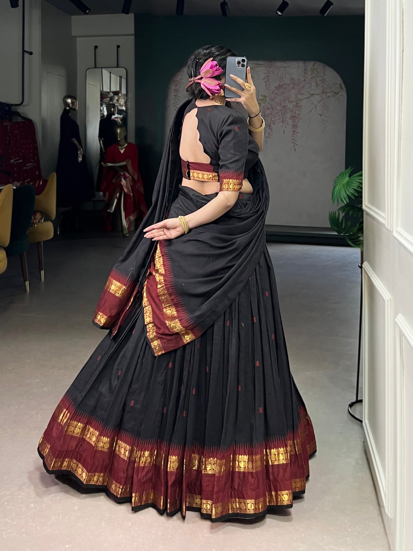 Lorenvalley Fashion Black Pure Chanderi Zari Weaving Work Lehenga Choli with Dupatta - Swadesiicart