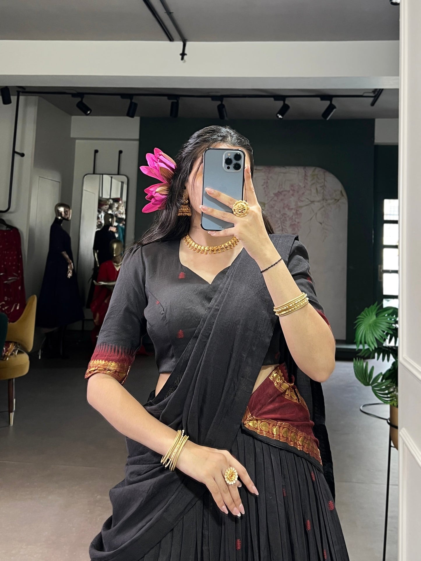 Lorenvalley Fashion Black Pure Chanderi Zari Weaving Work Lehenga Choli with Dupatta - Swadesiicart