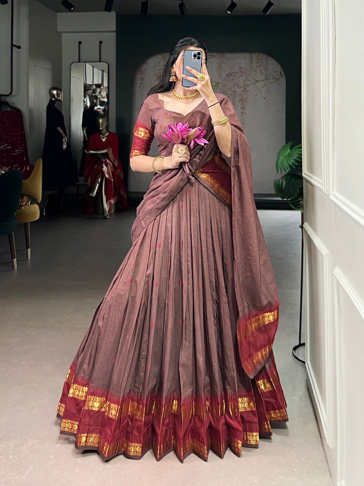 Lorenvalley Fashion Brown Pure Chanderi Zari Weaving Work Lehenga Choli with Dupatta - Swadesiicart