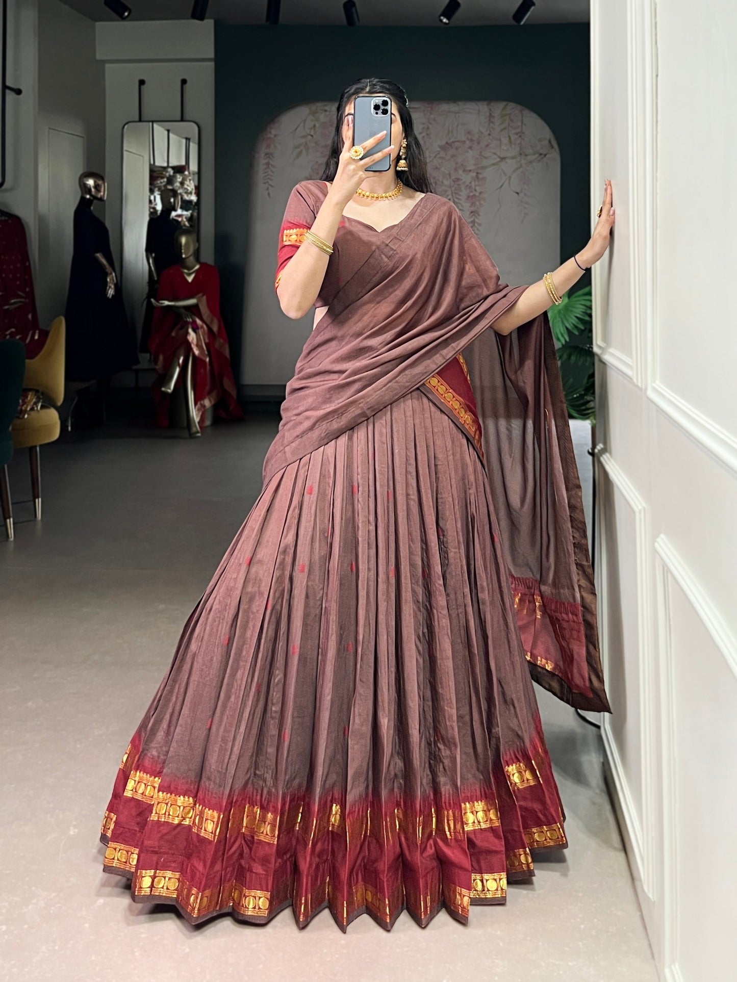 Lorenvalley Fashion Brown Pure Chanderi Zari Weaving Work Lehenga Choli with Dupatta - Swadesiicart