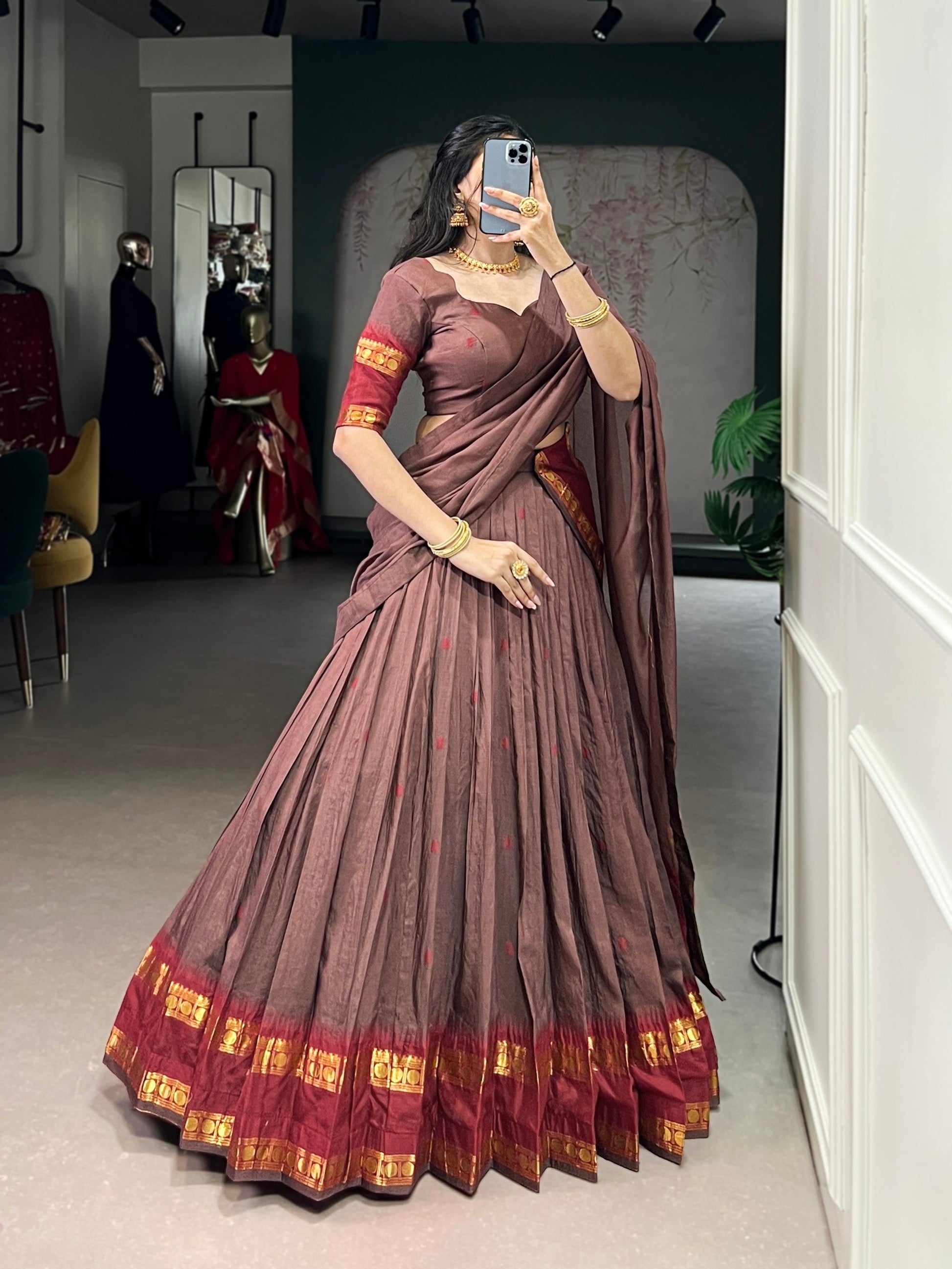 Lorenvalley Fashion Brown Pure Chanderi Zari Weaving Work Lehenga Choli with Dupatta - Swadesiicart