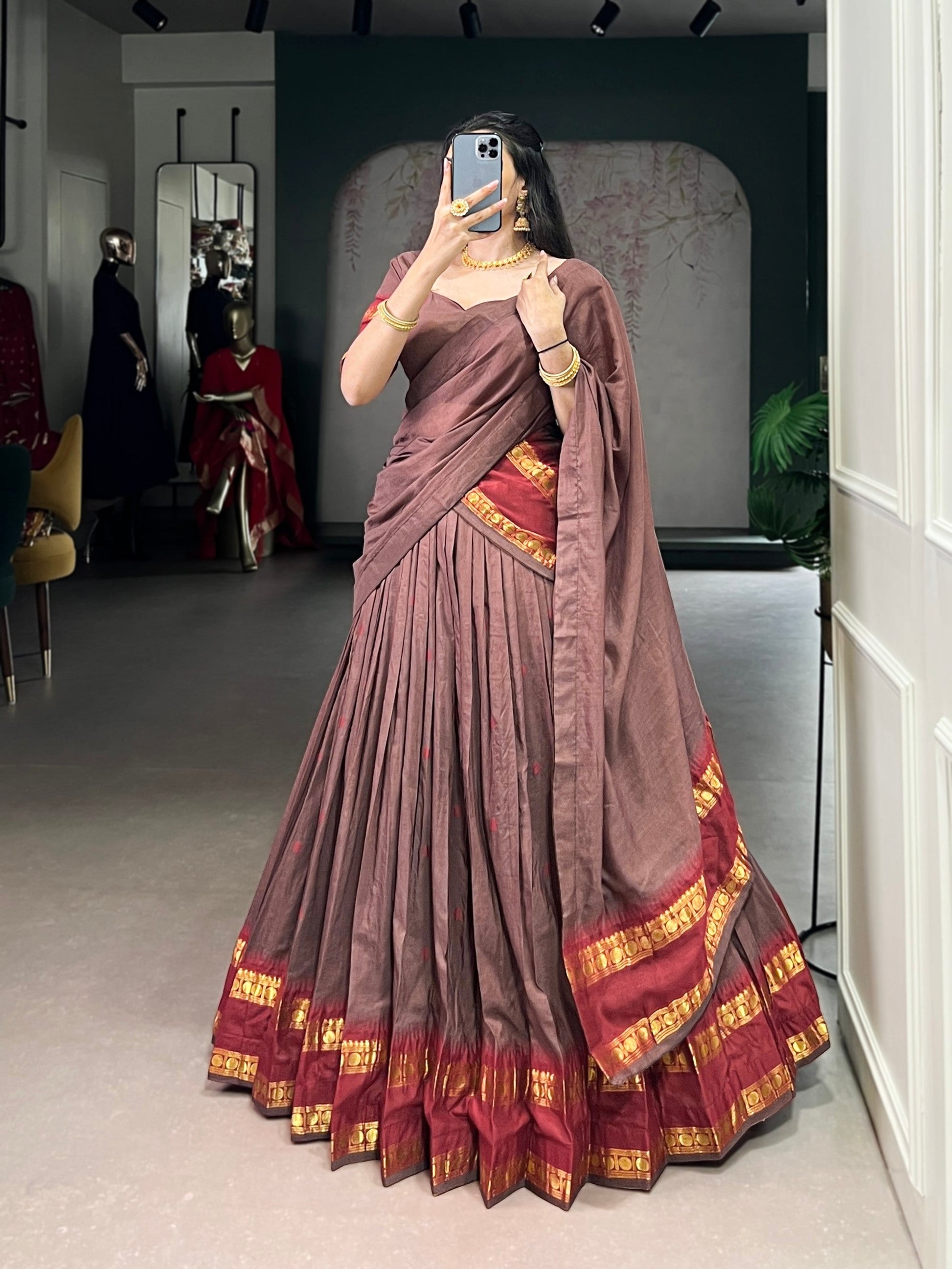 Lorenvalley Fashion Brown Pure Chanderi Zari Weaving Work Lehenga Choli with Dupatta - Swadesiicart