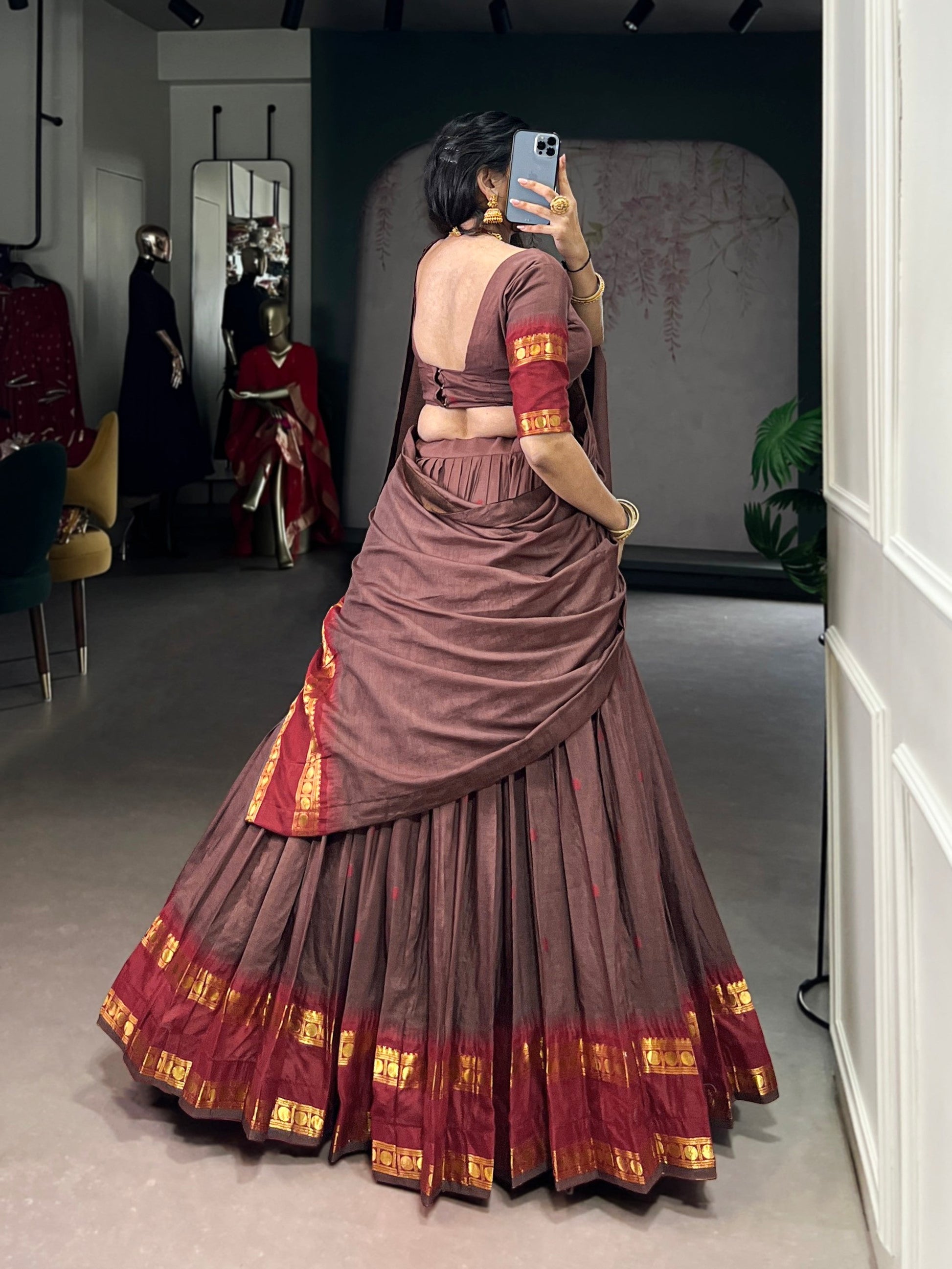 Lorenvalley Fashion Brown Pure Chanderi Zari Weaving Work Lehenga Choli with Dupatta - Swadesiicart