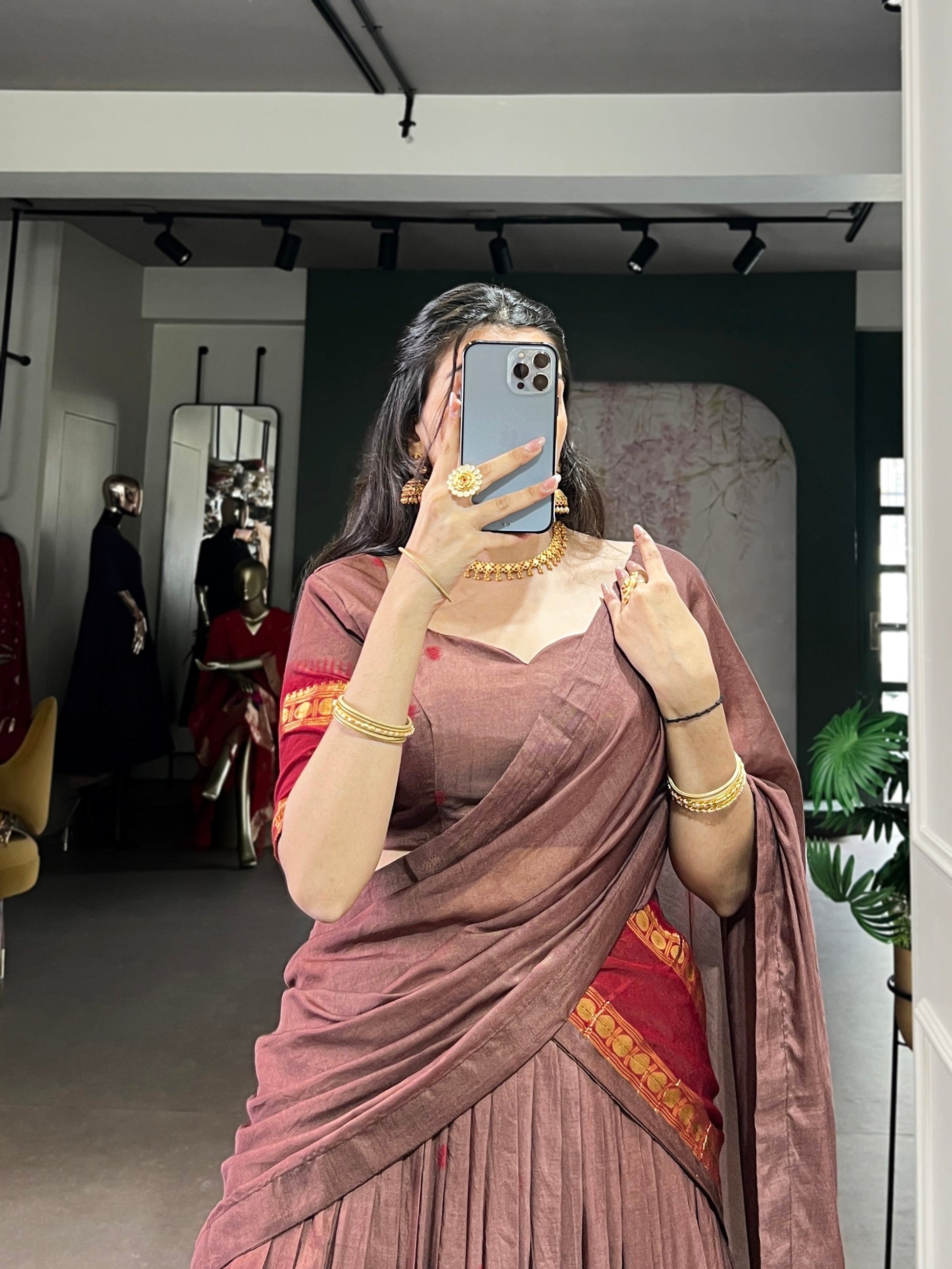 Lorenvalley Fashion Brown Pure Chanderi Zari Weaving Work Lehenga Choli with Dupatta - Swadesiicart