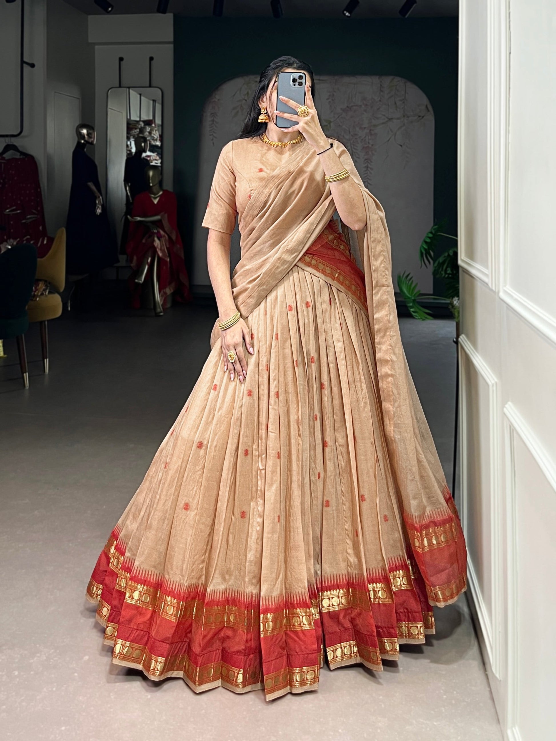 Lorenvalley Fashion Cream Pure Chanderi Zari Weaving Work Lehenga Choli with Dupatta - Swadesiicart