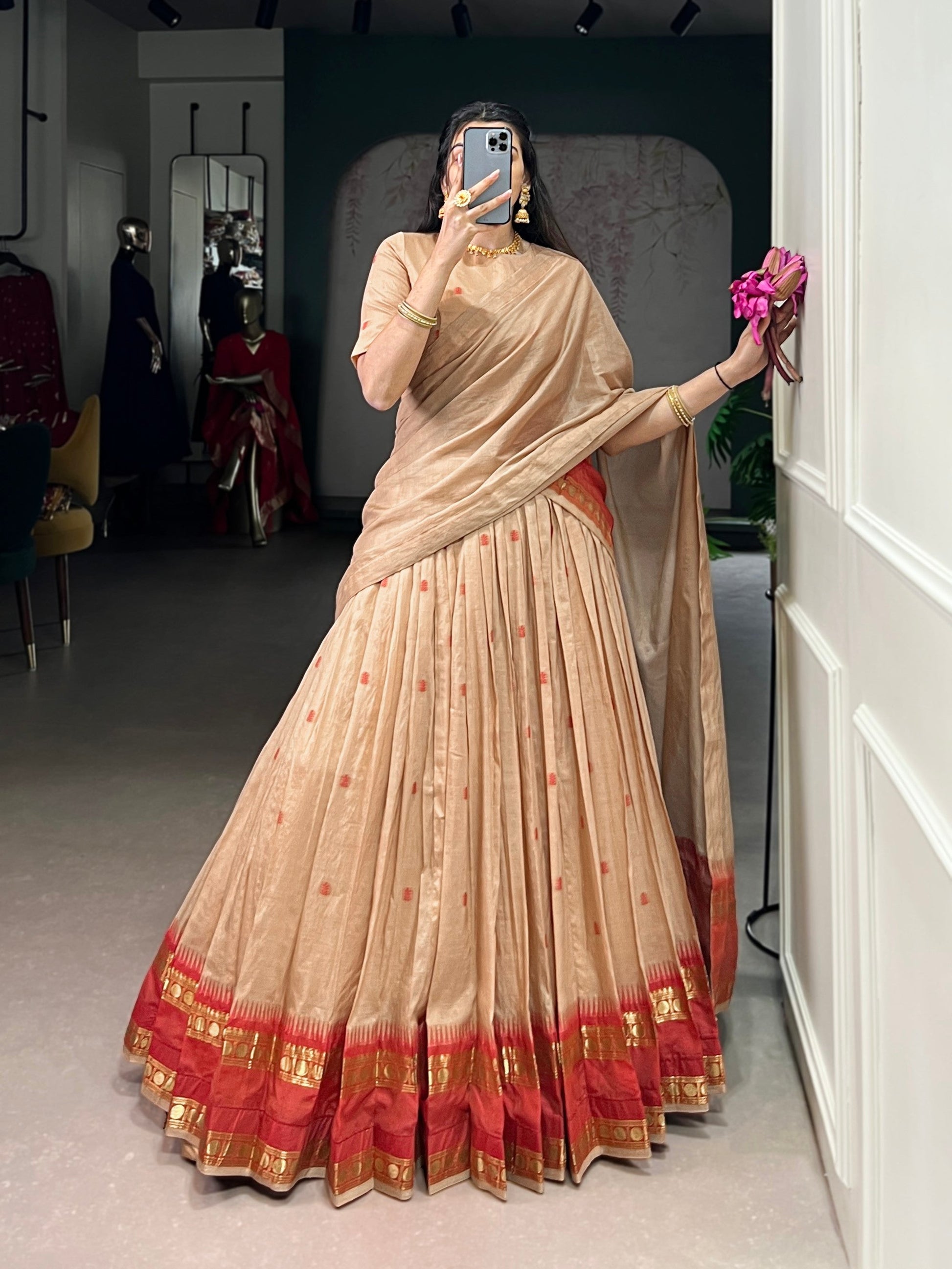 Lorenvalley Fashion Cream Pure Chanderi Zari Weaving Work Lehenga Choli with Dupatta - Swadesiicart