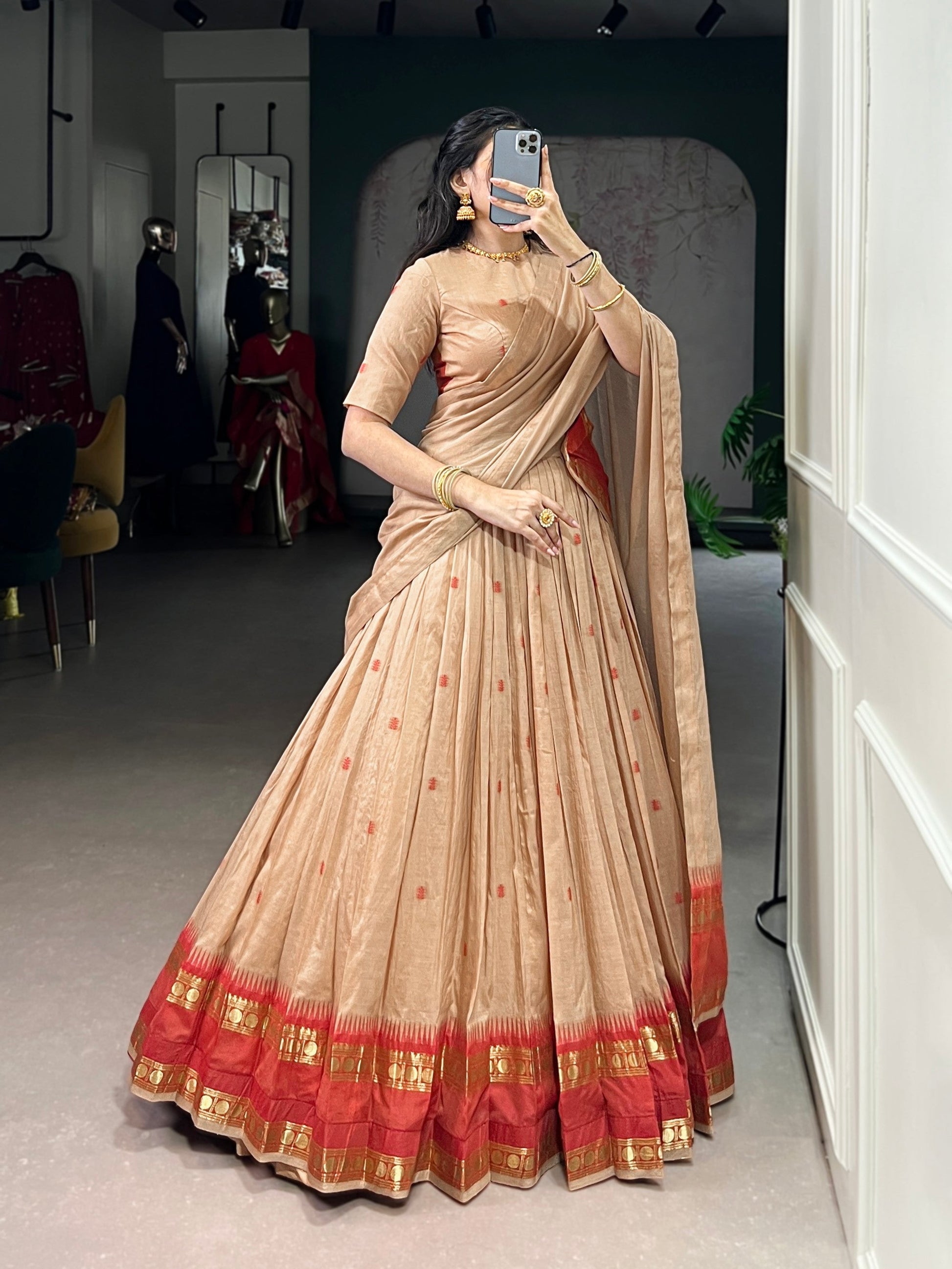 Lorenvalley Fashion Cream Pure Chanderi Zari Weaving Work Lehenga Choli with Dupatta - Swadesiicart