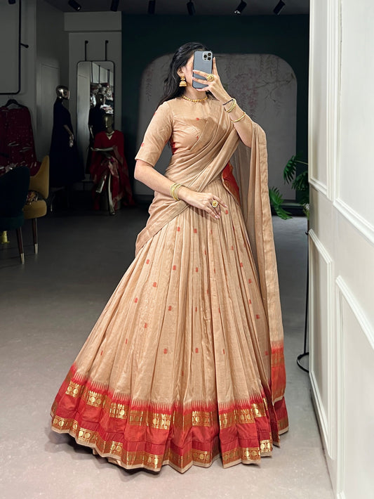 Lorenvalley Fashion Cream Pure Chanderi Zari Weaving Work Lehenga Choli with Dupatta - Swadesiicart