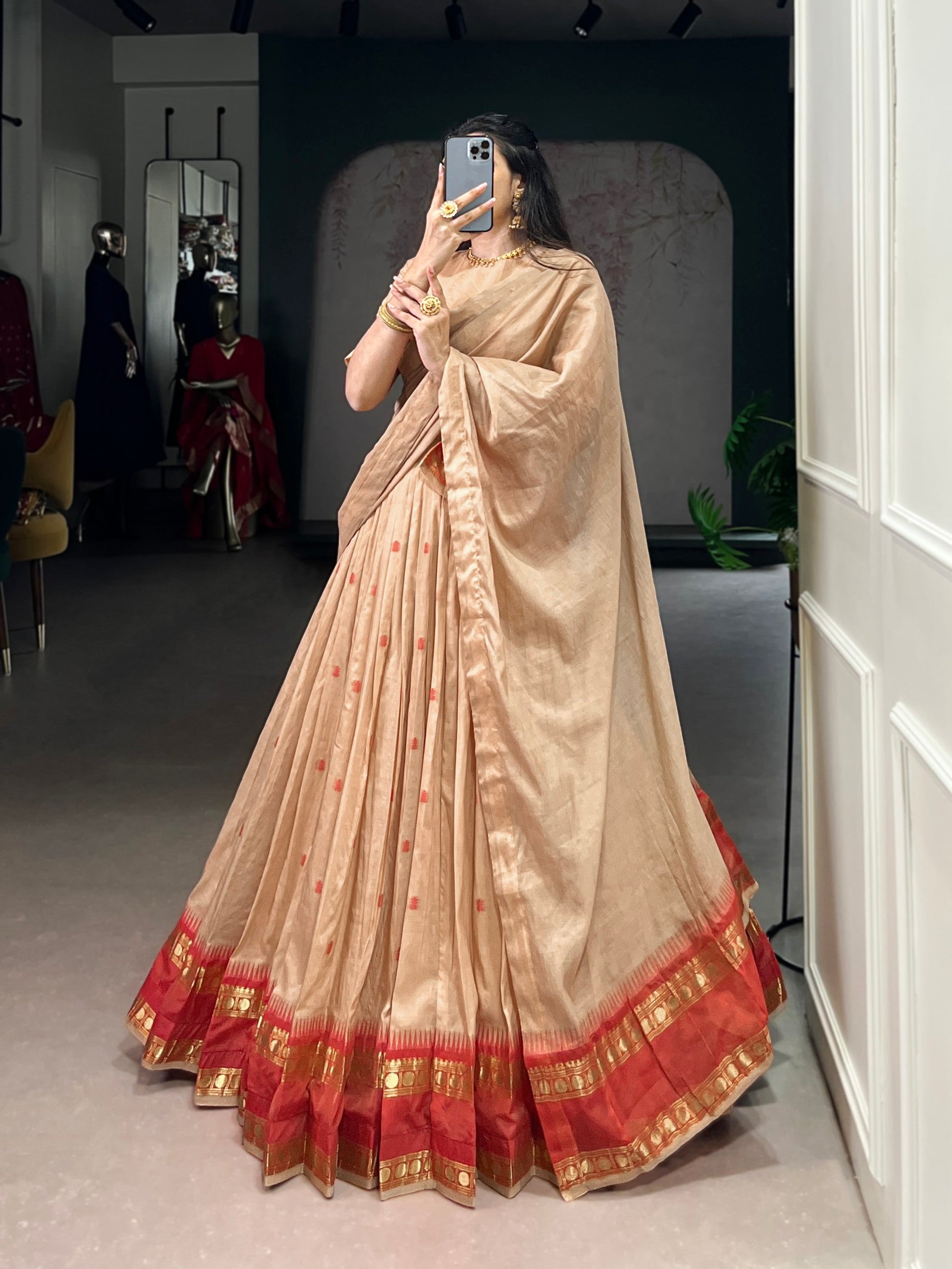 Lorenvalley Fashion Cream Pure Chanderi Zari Weaving Work Lehenga Choli with Dupatta - Swadesiicart