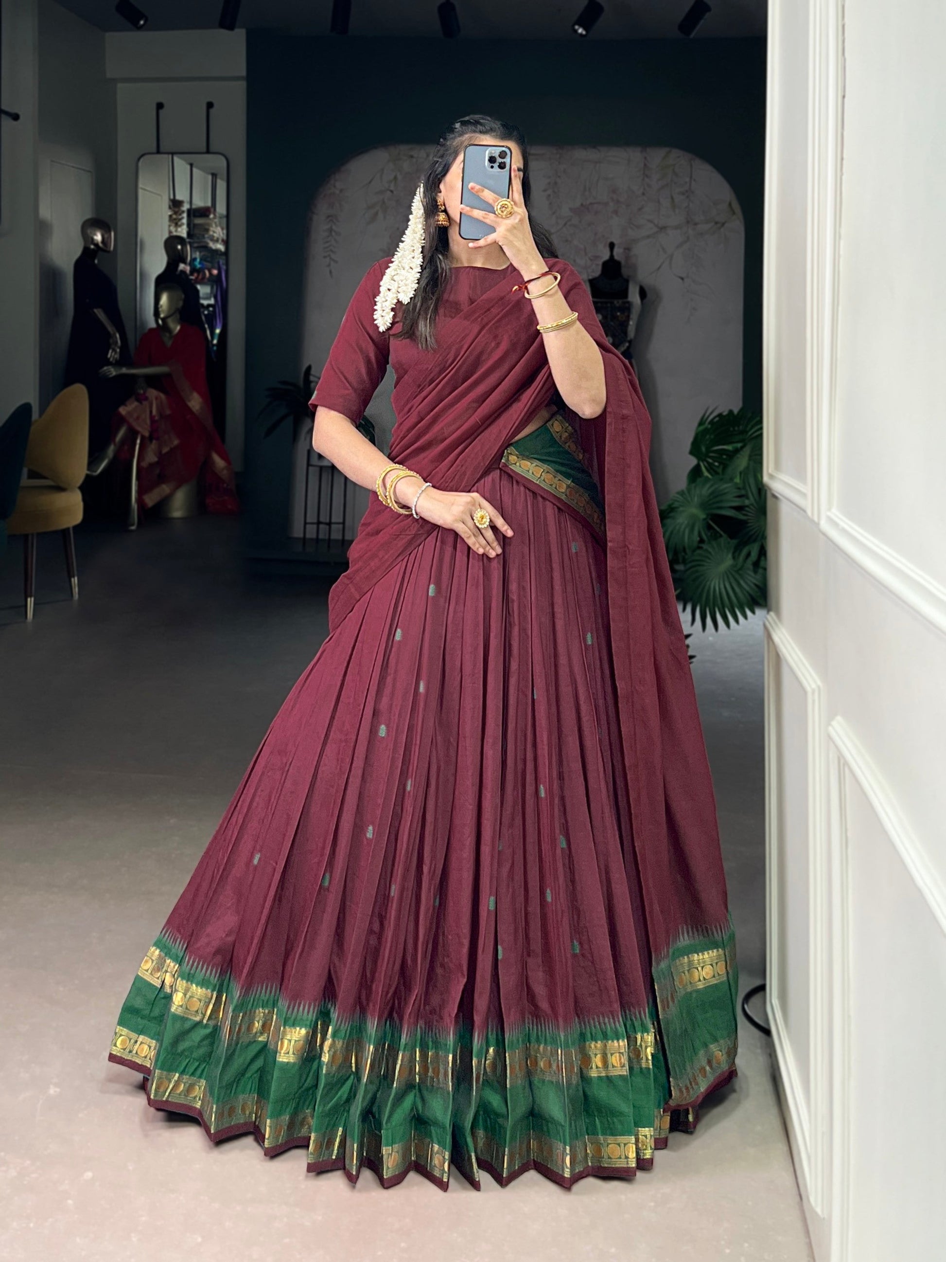 Lorenvalley Fashion Maroon Pure Chanderi Zari Weaving Work Lehenga Choli with Dupatta - Swadesiicart