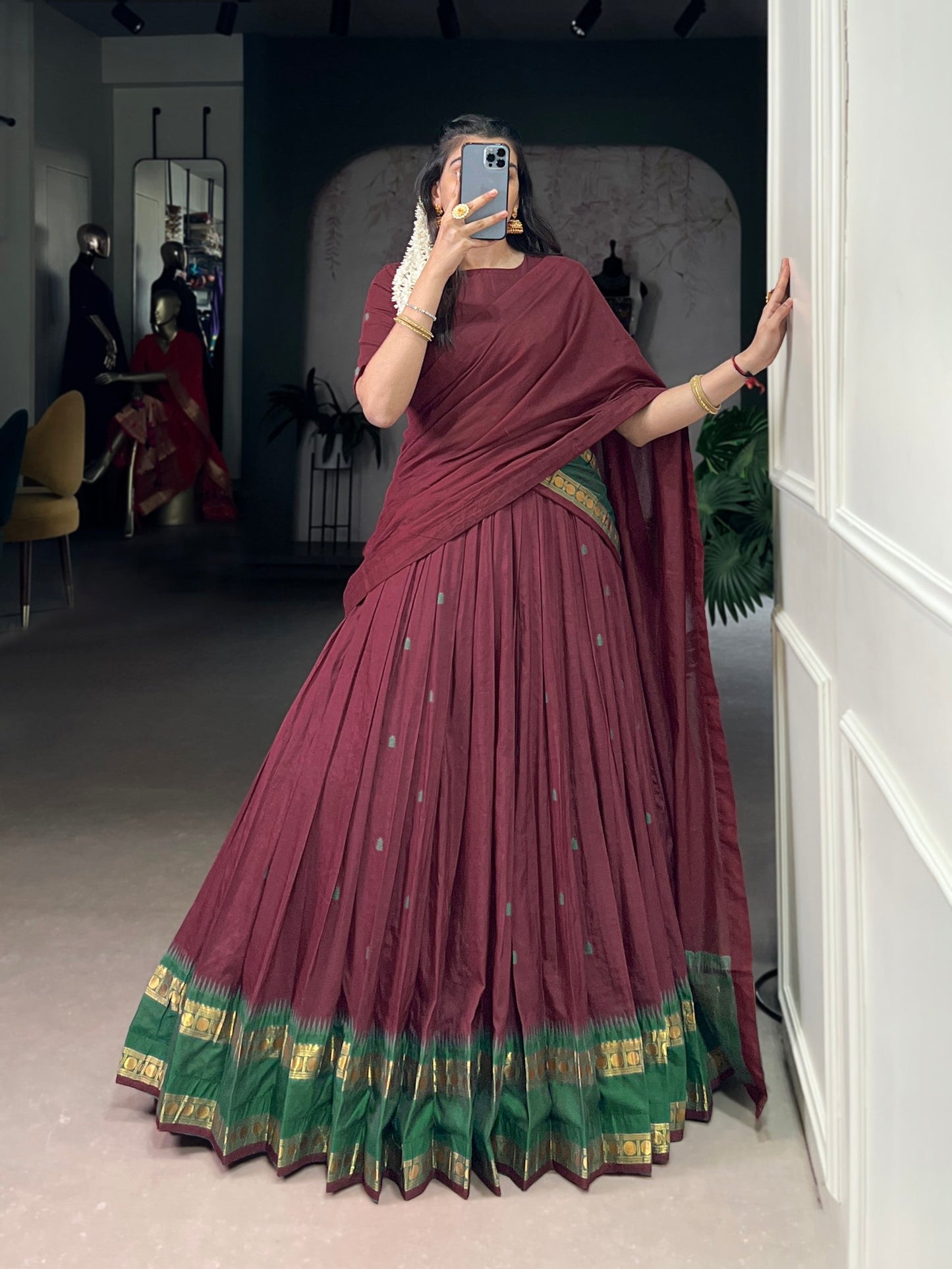 Lorenvalley Fashion Maroon Pure Chanderi Zari Weaving Work Lehenga Choli with Dupatta - Swadesiicart