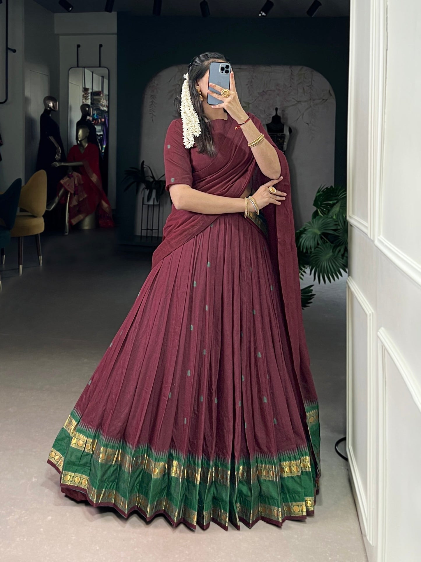 Lorenvalley Fashion Maroon Pure Chanderi Zari Weaving Work Lehenga Choli with Dupatta - Swadesiicart