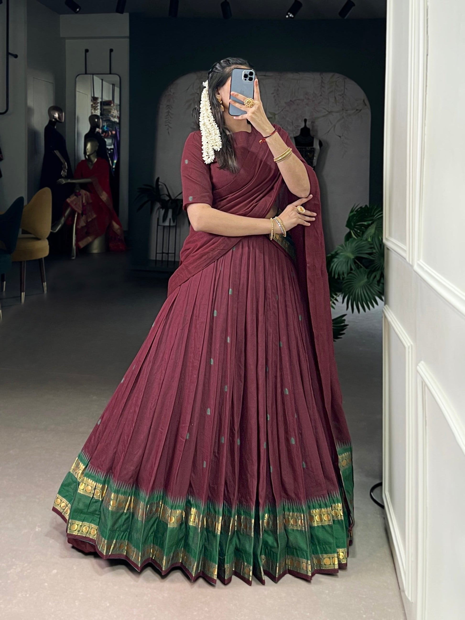 Lorenvalley Fashion Maroon Pure Chanderi Zari Weaving Work Lehenga Choli with Dupatta - Swadesiicart