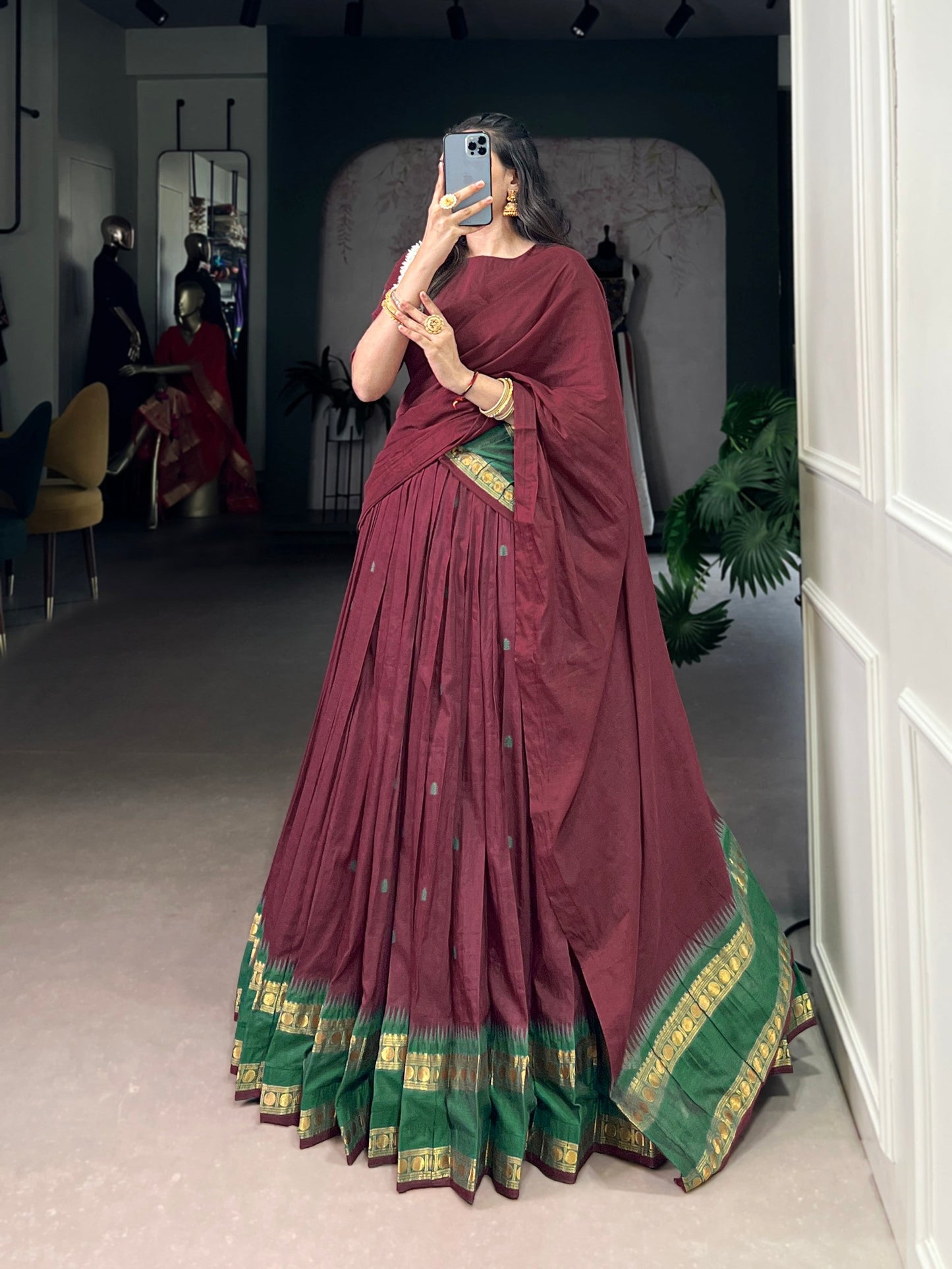 Lorenvalley Fashion Maroon Pure Chanderi Zari Weaving Work Lehenga Choli with Dupatta - Swadesiicart