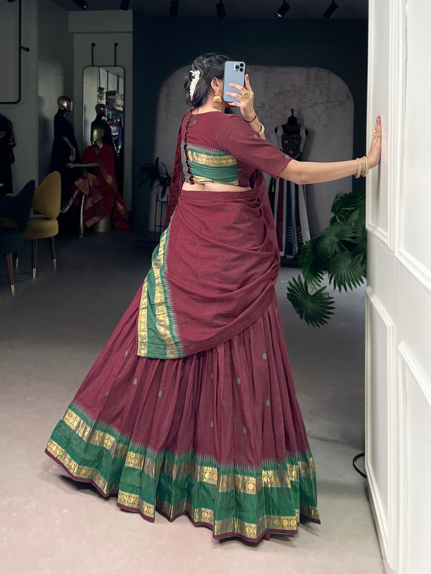 Lorenvalley Fashion Maroon Pure Chanderi Zari Weaving Work Lehenga Choli with Dupatta - Swadesiicart