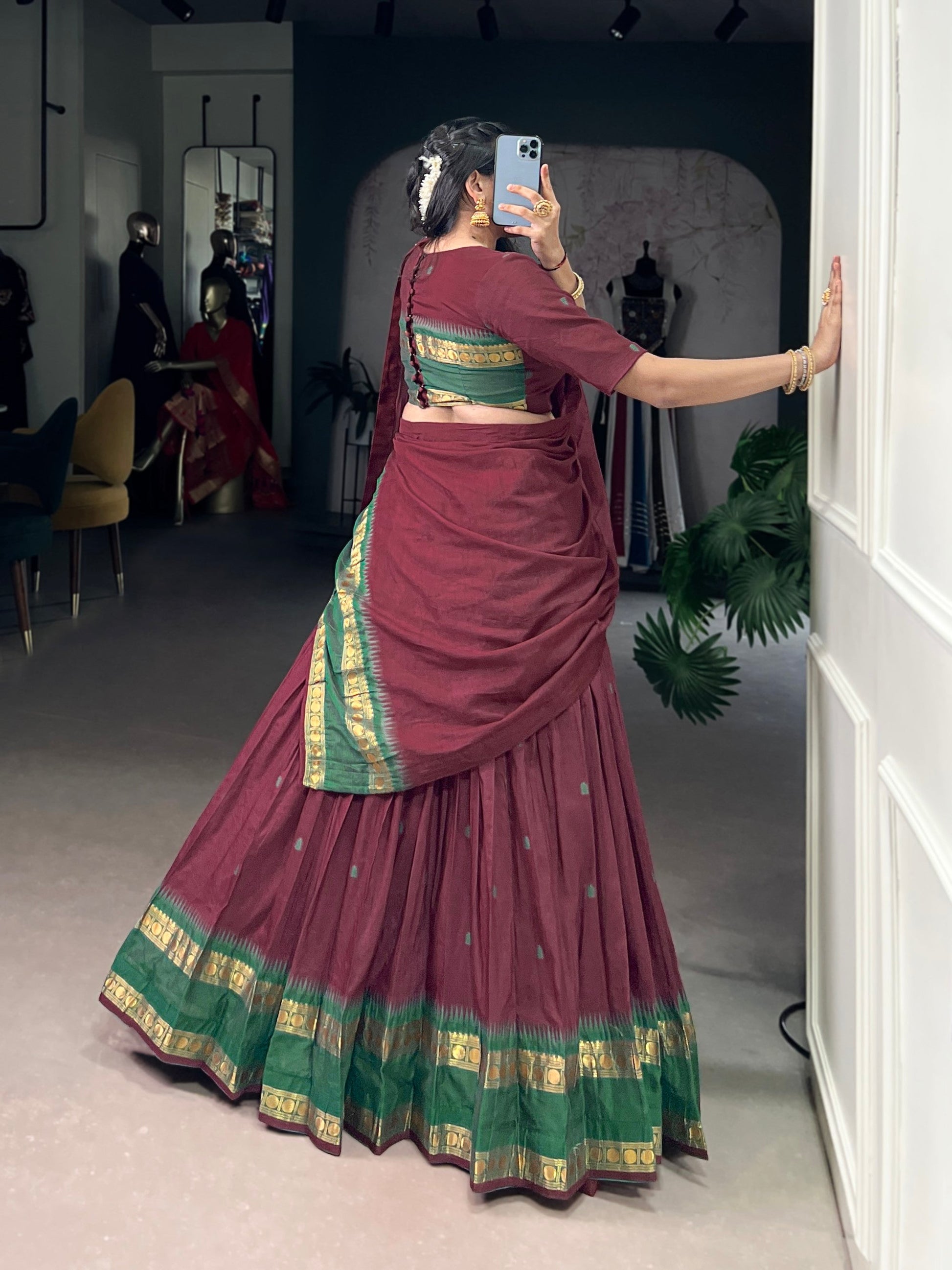 Lorenvalley Fashion Maroon Pure Chanderi Zari Weaving Work Lehenga Choli with Dupatta - Swadesiicart