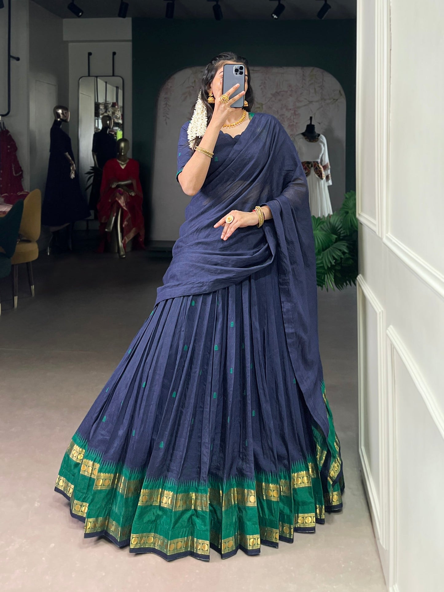 Lorenvalley Fashion Navy Blue Pure Chanderi Zari Weaving Work Lehenga Choli with Dupatta - Swadesiicart
