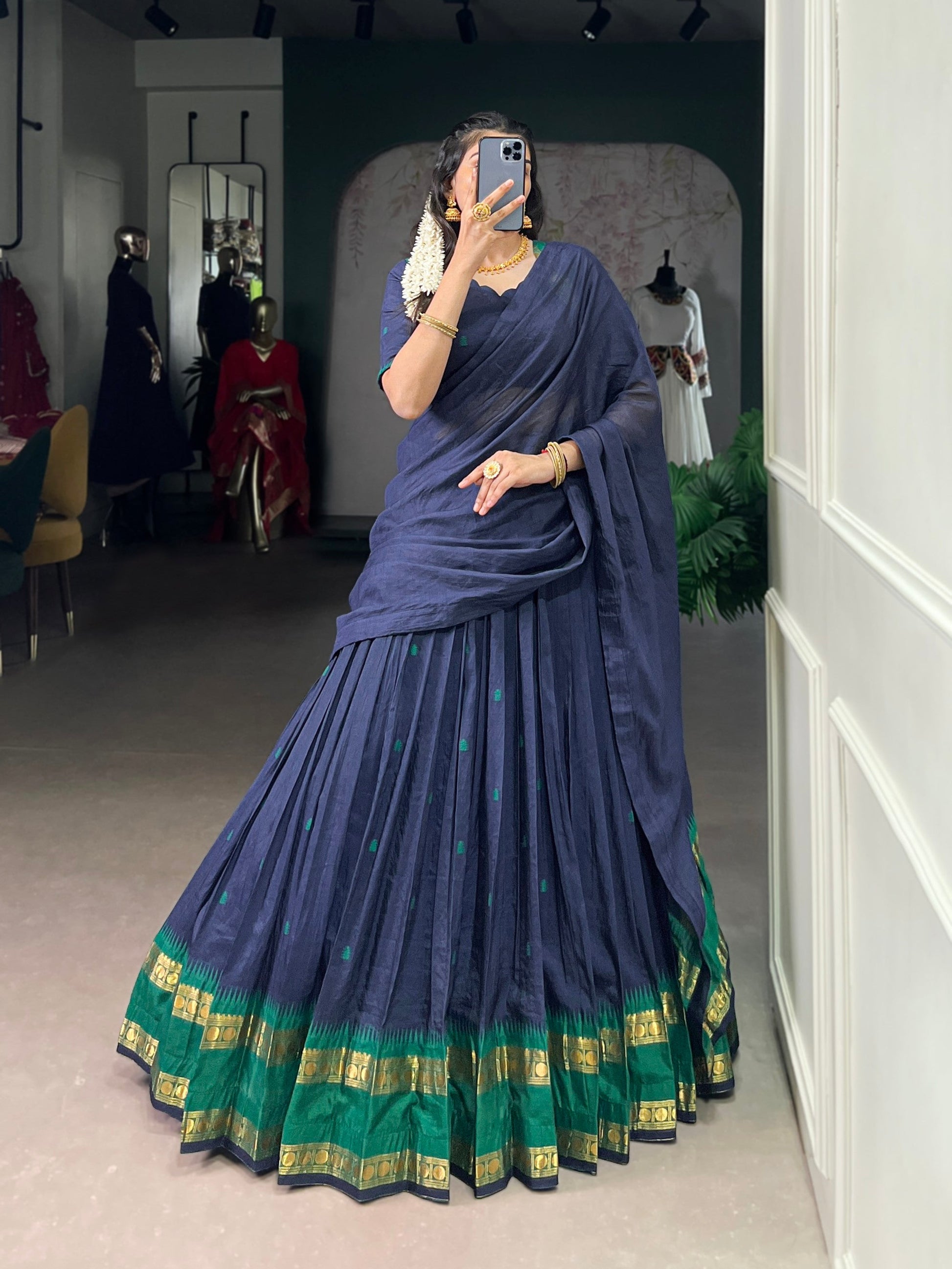 Lorenvalley Fashion Navy Blue Pure Chanderi Zari Weaving Work Lehenga Choli with Dupatta - Swadesiicart