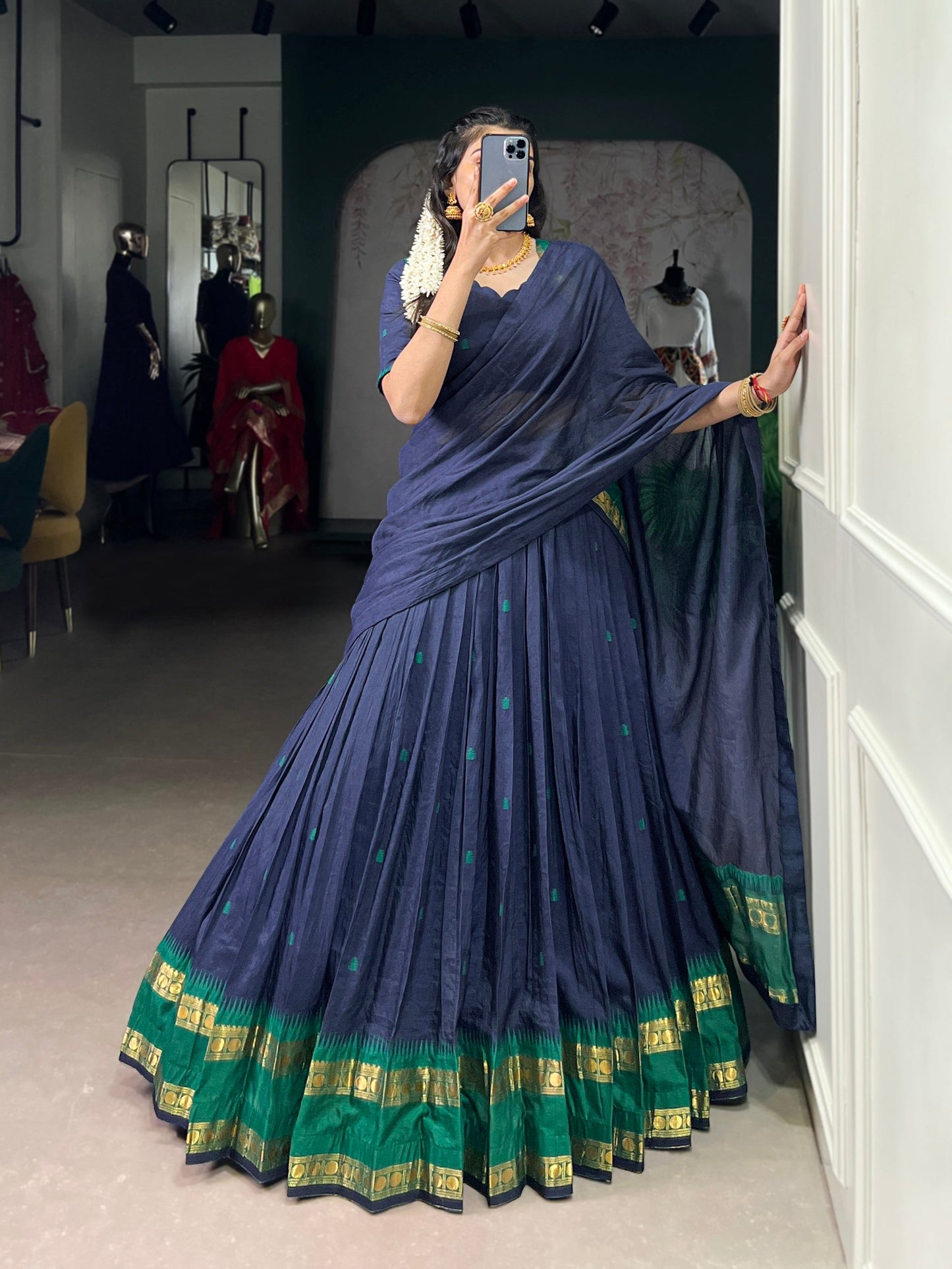 Lorenvalley Fashion Navy Blue Pure Chanderi Zari Weaving Work Lehenga Choli with Dupatta - Swadesiicart